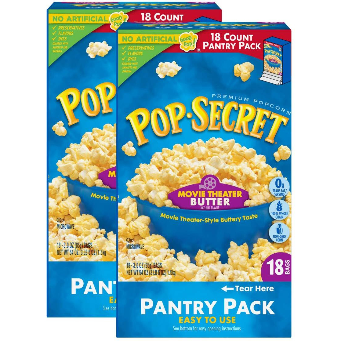 Pop Secret Microwave Popcorn, Movie Theater Butter Flavor, 2 Boxes, 18 Bags Each,3 Ounce (Pack Of 36)