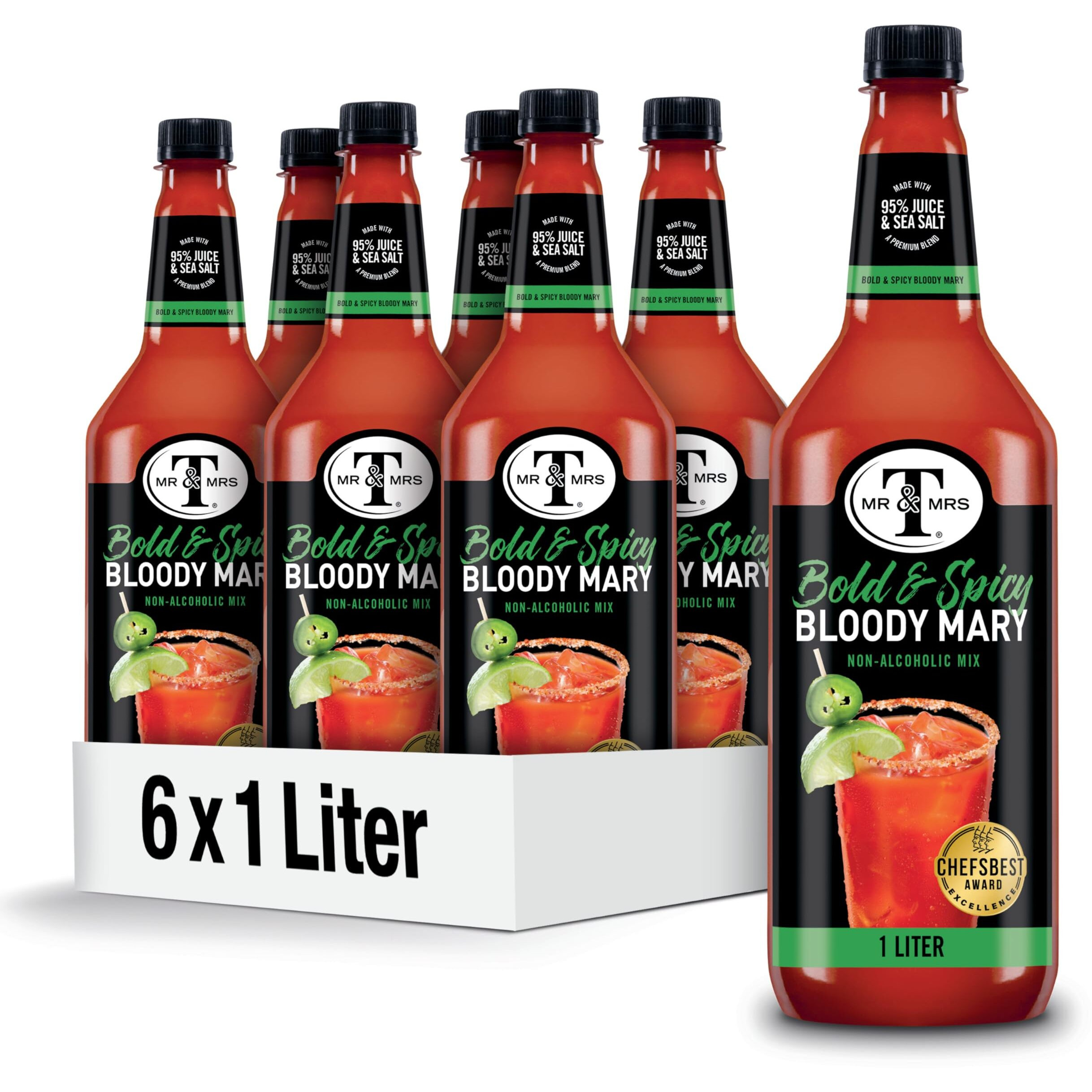 Mr & Mrs T Bold & Spicy Bloody Mary Mix, 1 L Bottle (Pack Of 6), Spicy Cocktail Juice Mixer, Bold Flavors, Perfect For Bloody Mary And Mocktail Drinks