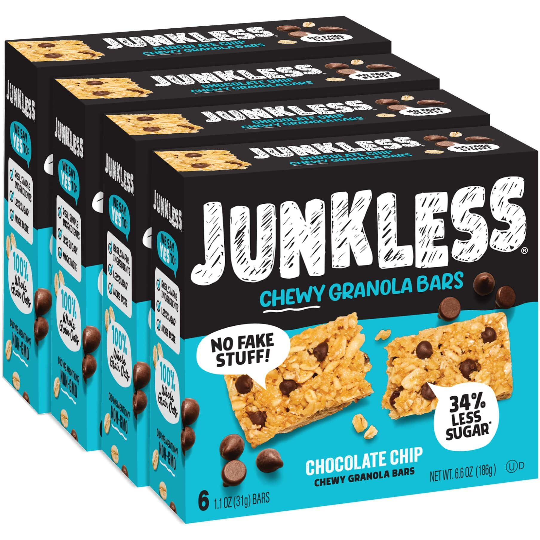 Junkless Chocolate Chip Chewy Granola Bars - Less Sugar, Great Tasting, Wholesome Snacks - Bulk Granola Bars - 1.1 Oz. Bars, 4 Boxes