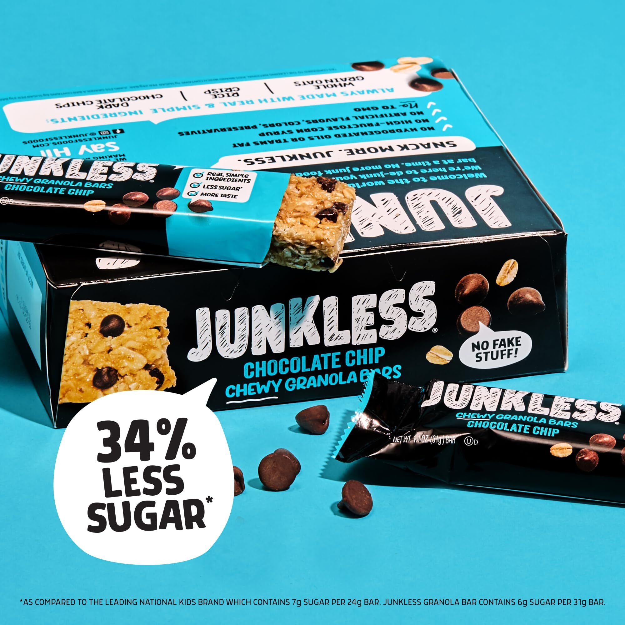 Junkless Chocolate Chip Chewy Granola Bars - Less Sugar, Great Tasting, Wholesome Snacks - Bulk Granola Bars - 1.1 Oz. Bars, 4 Boxes