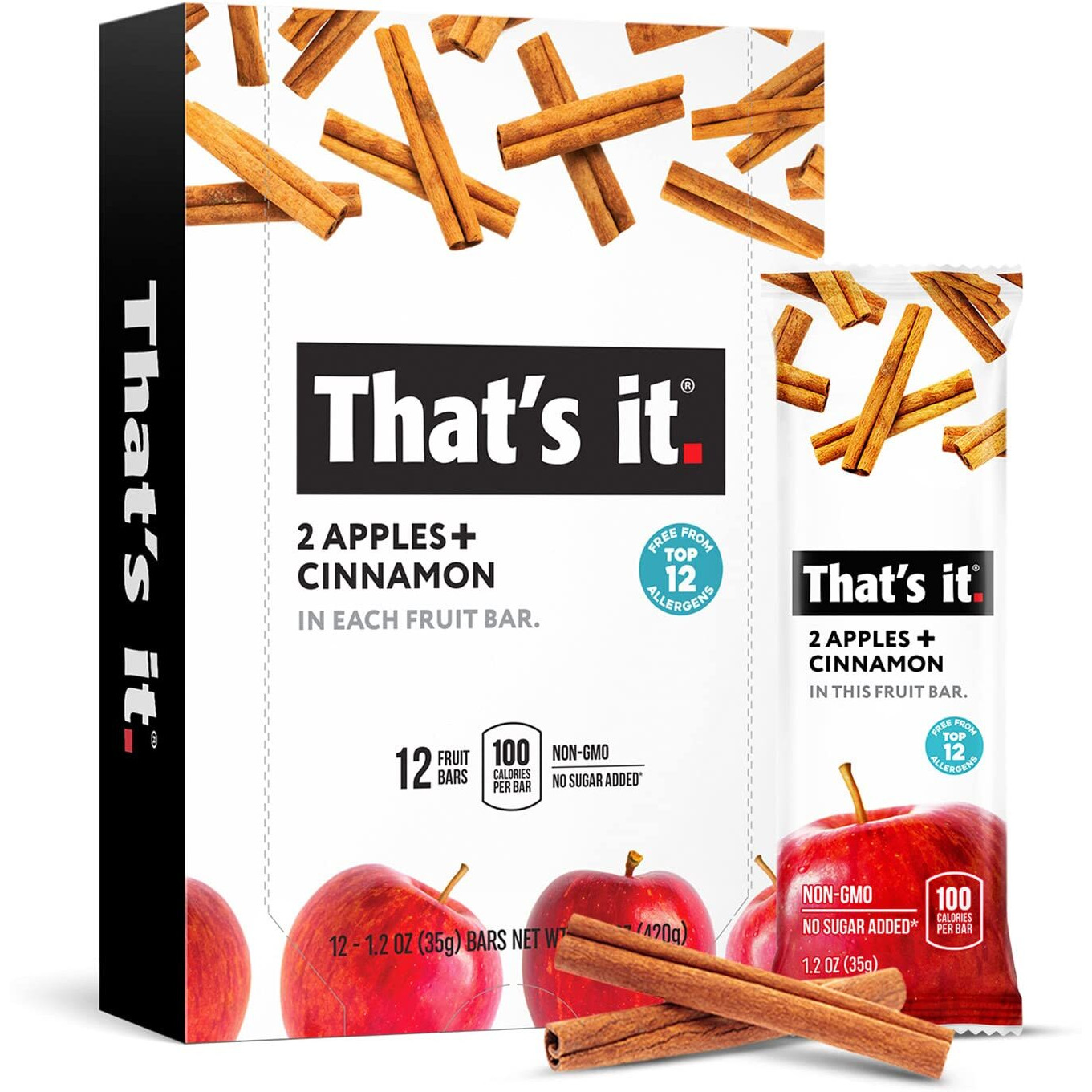 That's It. Apple + Cinnamon 100% Natural Real Fruit Bar, Best High Fiber Vegan, Gluten Free Healthy Snack, Paleo For Children & Adults, Non Gmo No Added Sugar, No Preservatives Energy Food (12 Pack)