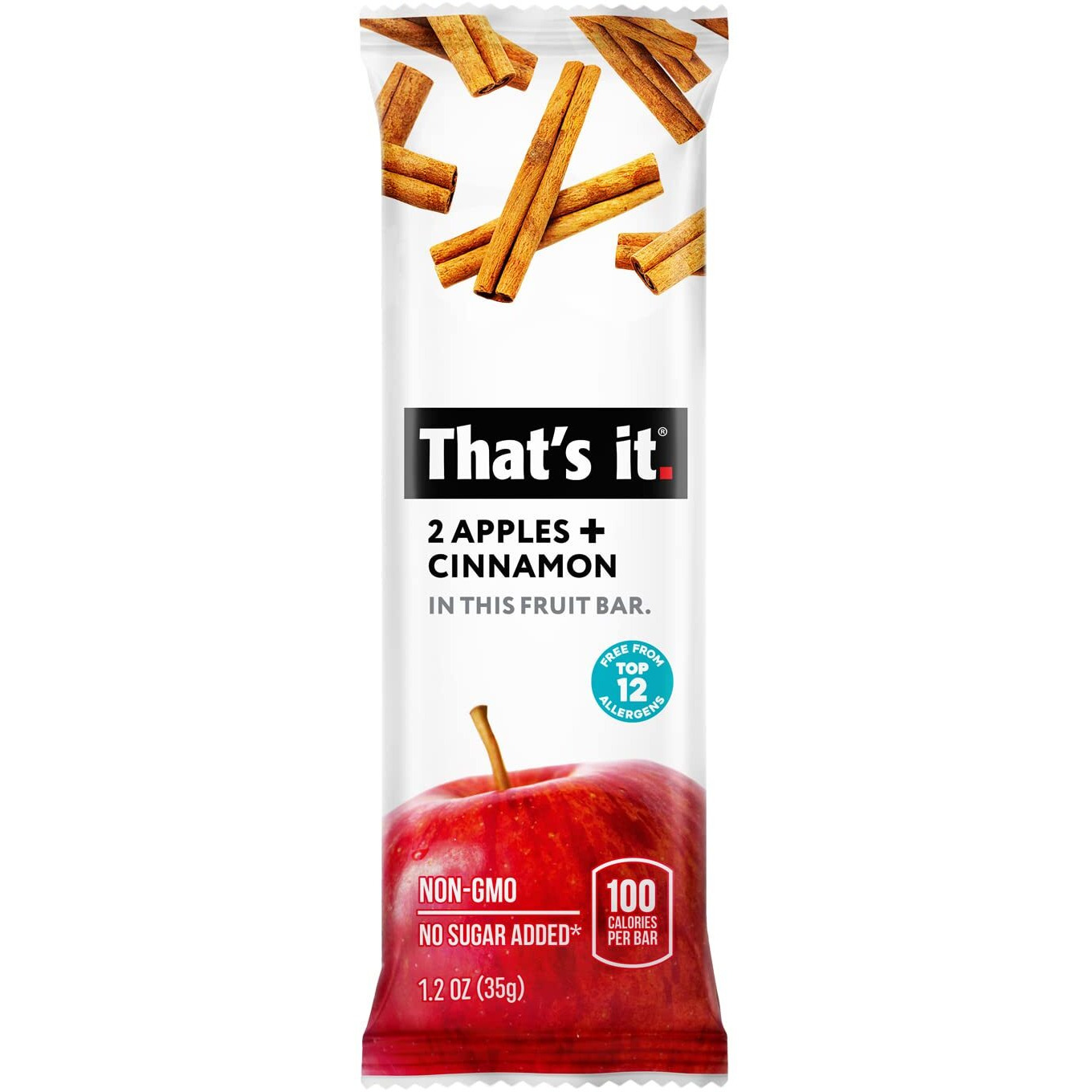 That's It. Apple + Cinnamon 100% Natural Real Fruit Bar, Best High Fiber Vegan, Gluten Free Healthy Snack, Paleo For Children & Adults, Non Gmo No Added Sugar, No Preservatives Energy Food (12 Pack)