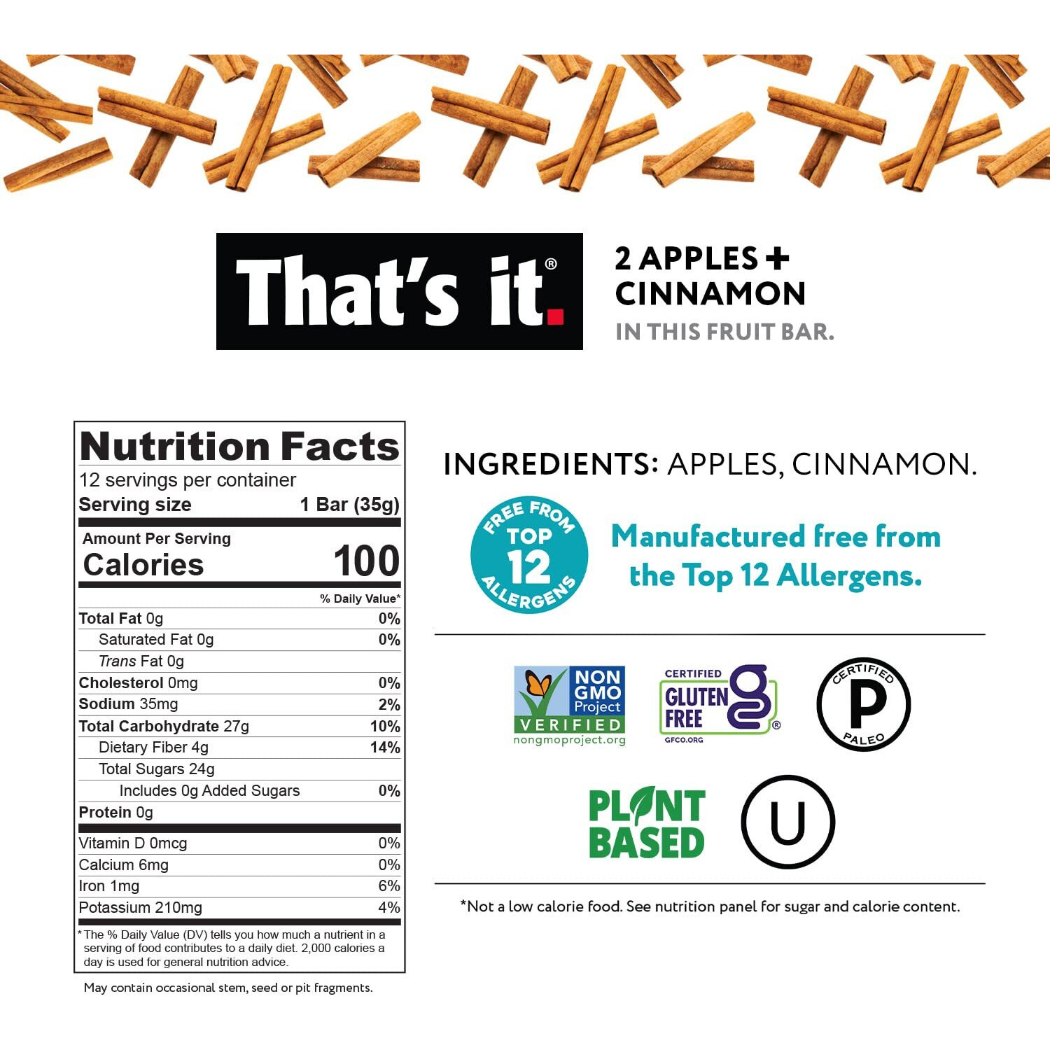 That's It. Apple + Cinnamon 100% Natural Real Fruit Bar, Best High Fiber Vegan, Gluten Free Healthy Snack, Paleo For Children & Adults, Non Gmo No Added Sugar, No Preservatives Energy Food (12 Pack)