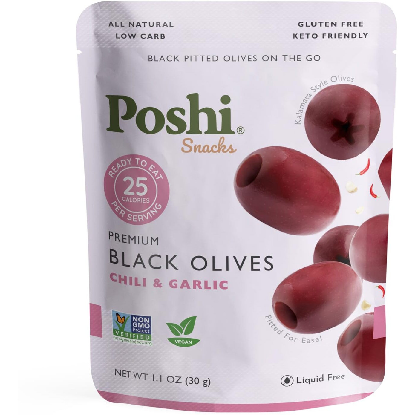 Poshi Marinated Kalamata Style Pitted Olives | Chili & Garlic | Vegan, Kosher, Gluten Free + Keto Friendly, Fresh, All Natural Low Calorie Healthy Snacks | (30 Pack, 1.1Oz Bags)