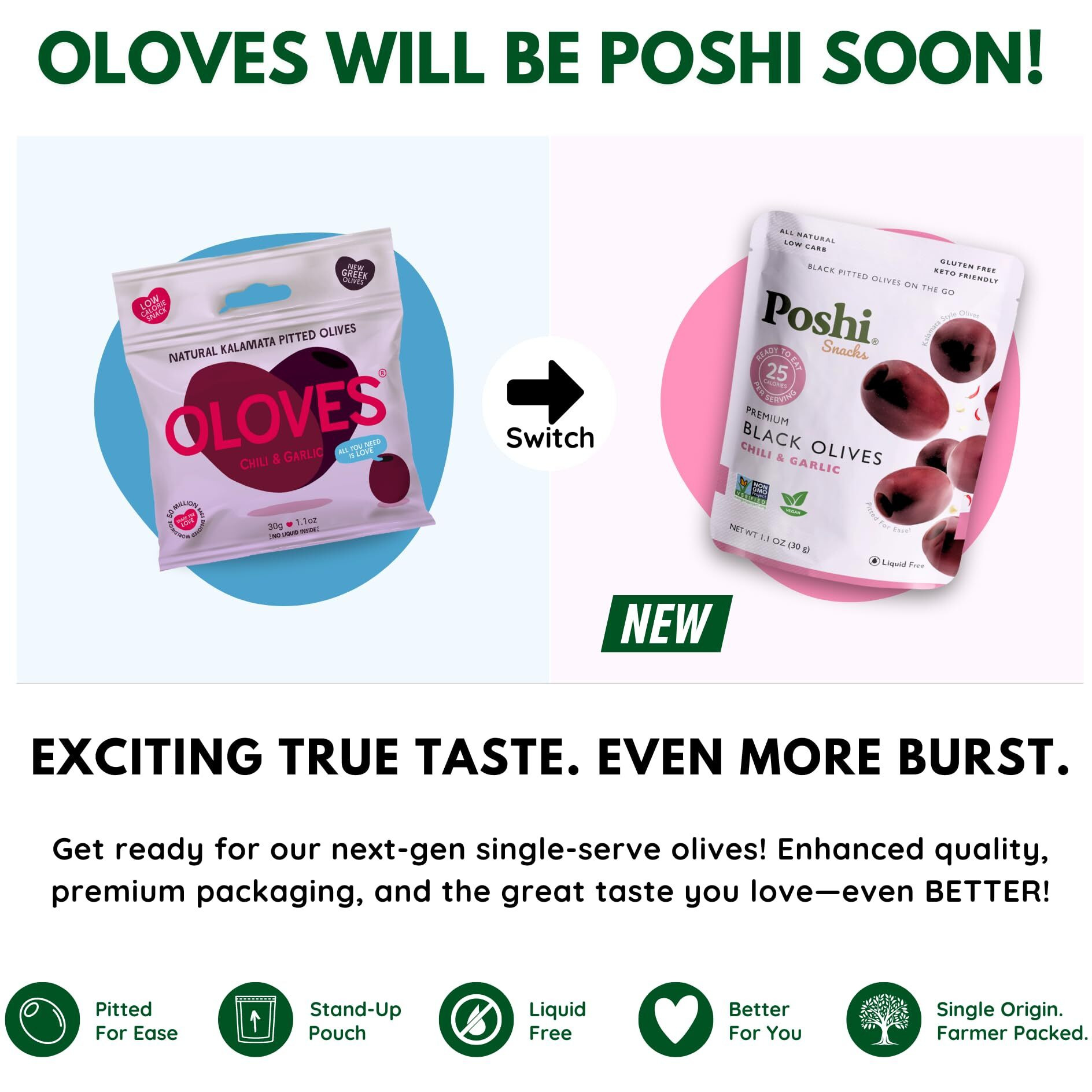 Poshi Marinated Kalamata Style Pitted Olives | Chili & Garlic | Vegan, Kosher, Gluten Free + Keto Friendly, Fresh, All Natural Low Calorie Healthy Snacks | (30 Pack, 1.1Oz Bags)