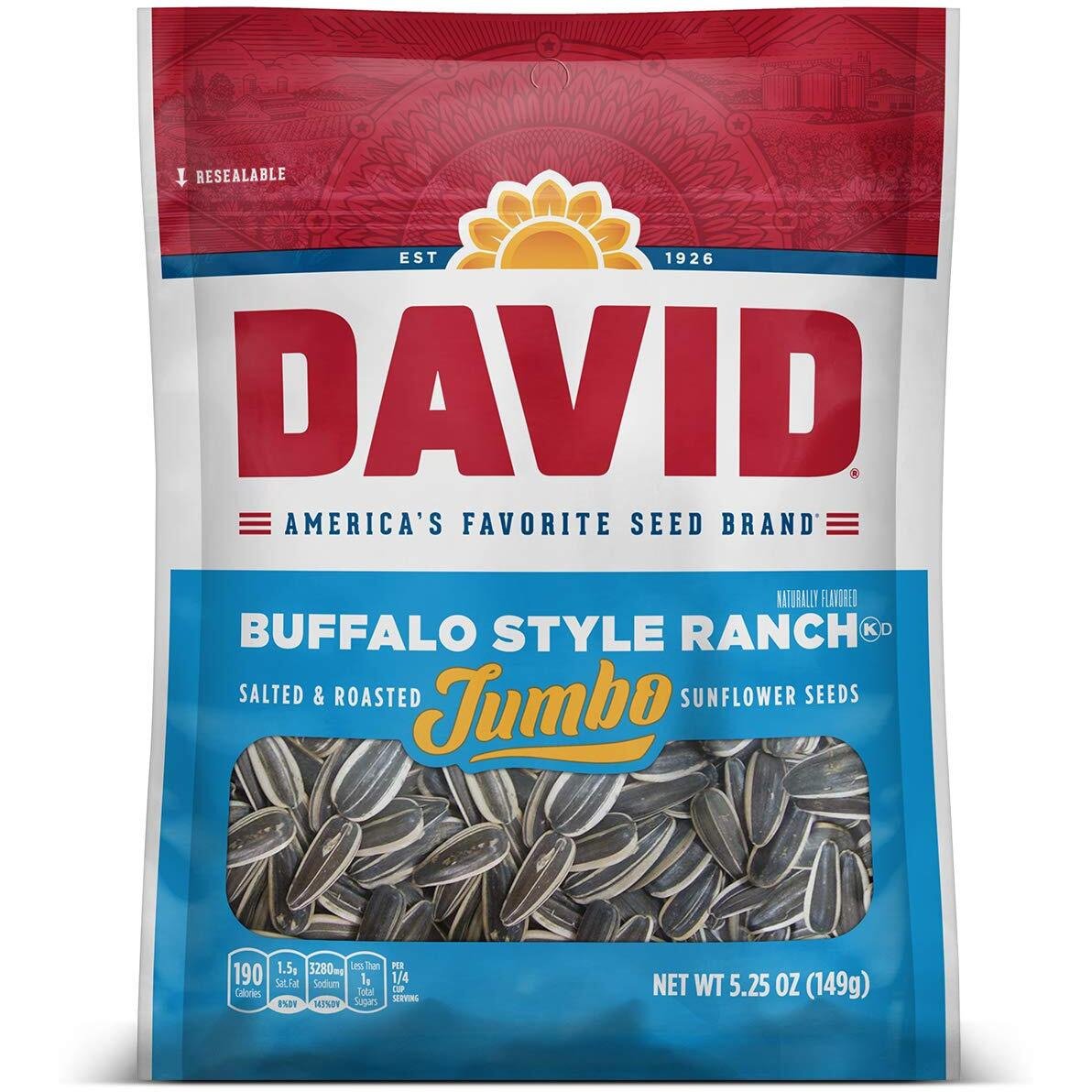 David Seeds Buffalo Style Ranch Flavored Salted And Roasted Jumbo Sunflower Seeds, Keto Friendly Snack, 5.25 Oz Bags, 12 Pack