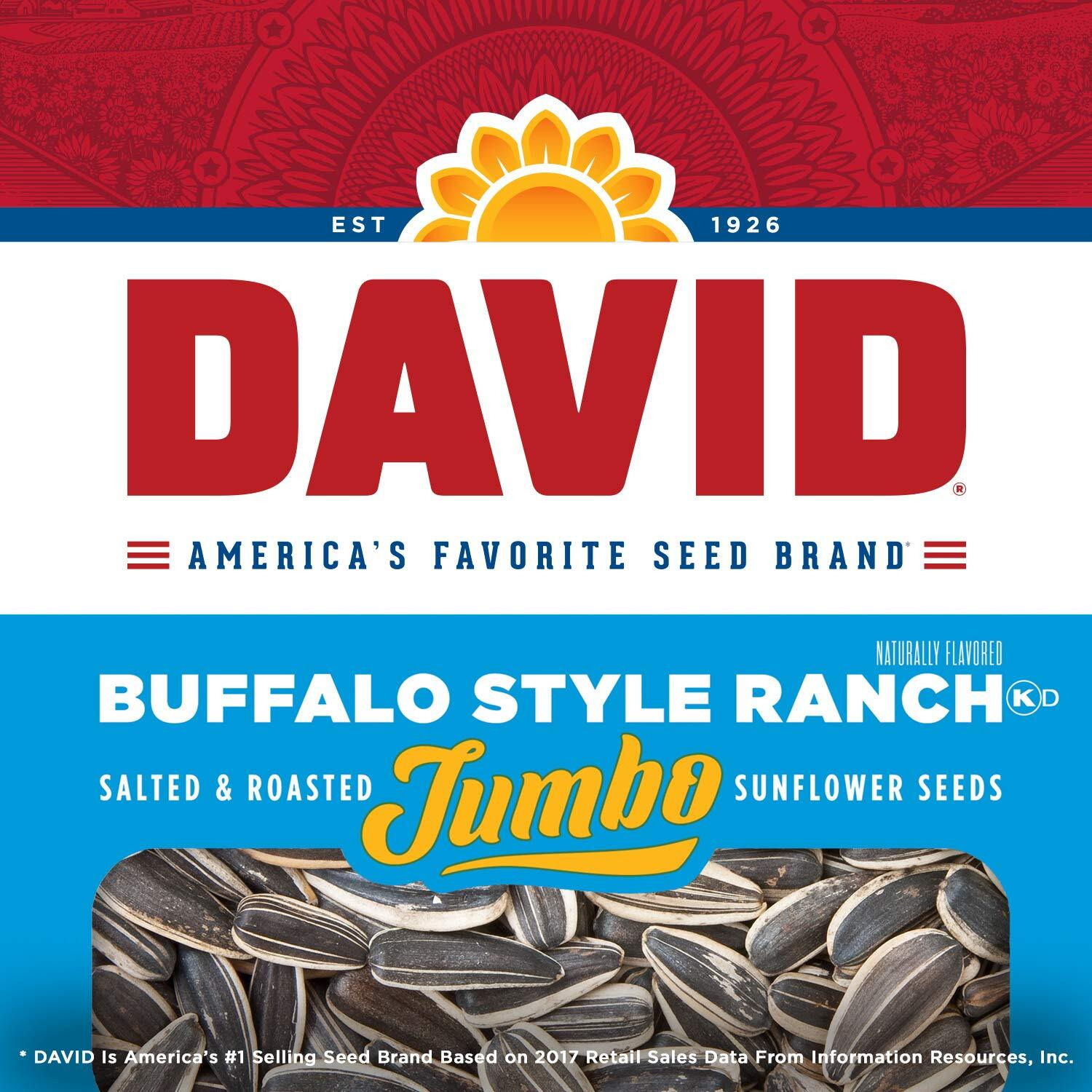 David Seeds Buffalo Style Ranch Flavored Salted And Roasted Jumbo Sunflower Seeds, Keto Friendly Snack, 5.25 Oz Bags, 12 Pack