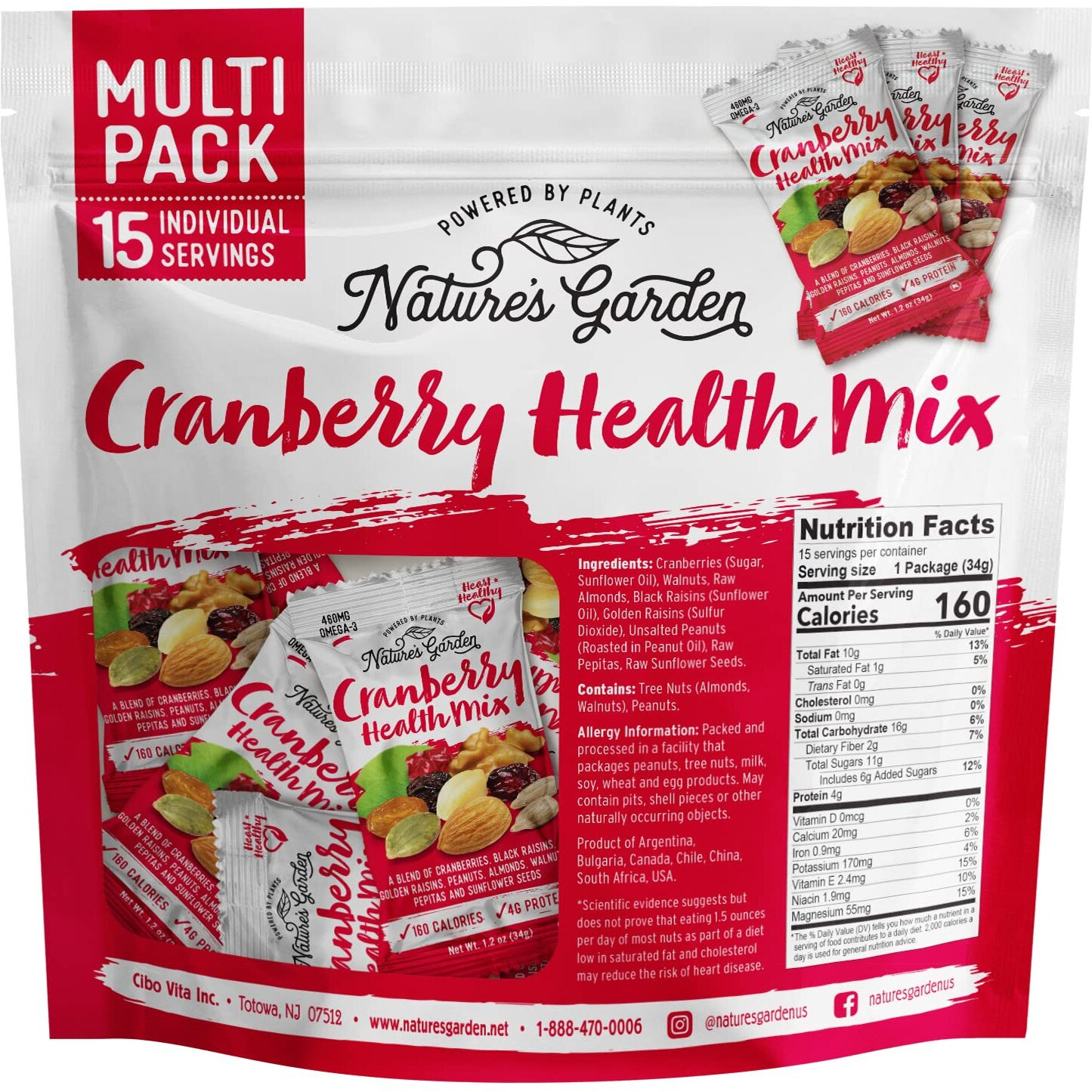 Natures Garden Cranberry Health Mix, Single Serve Bags - 18 Ounce (1.2 Ounce X 15 Count)