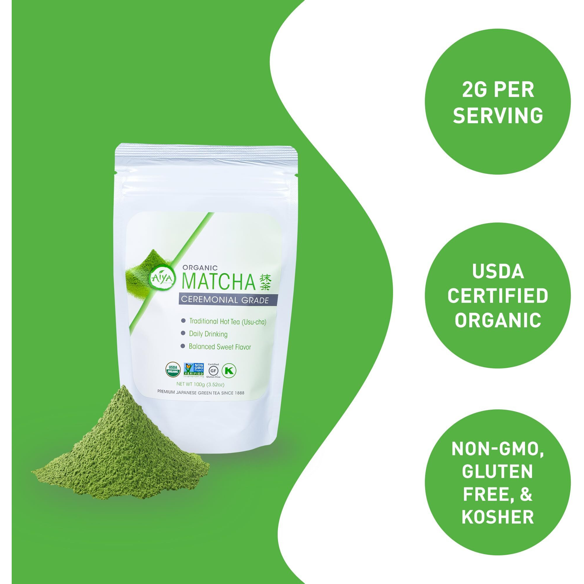 Aiya Certified Usda Japanese Organic Ceremonial Grade Matcha Green Tea Powder - Gluten-Free, Non-Gmo - 100G Bag (3.53 Oz.)