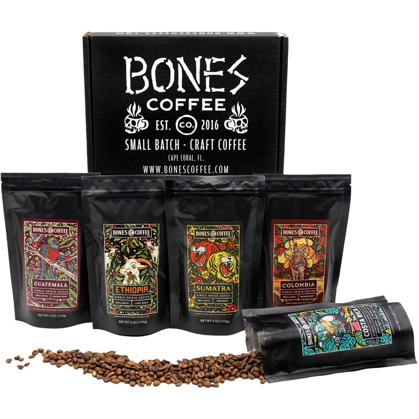Bones Coffee Company New World Tour Sample Pack | Ground Coffee Beans Sampler Gift Box Set | 4 Oz Pack Of 5 Assorted Single-Origin Gourmet Coffee Gifts | Medium Roast Coffee Beverages (Ground)