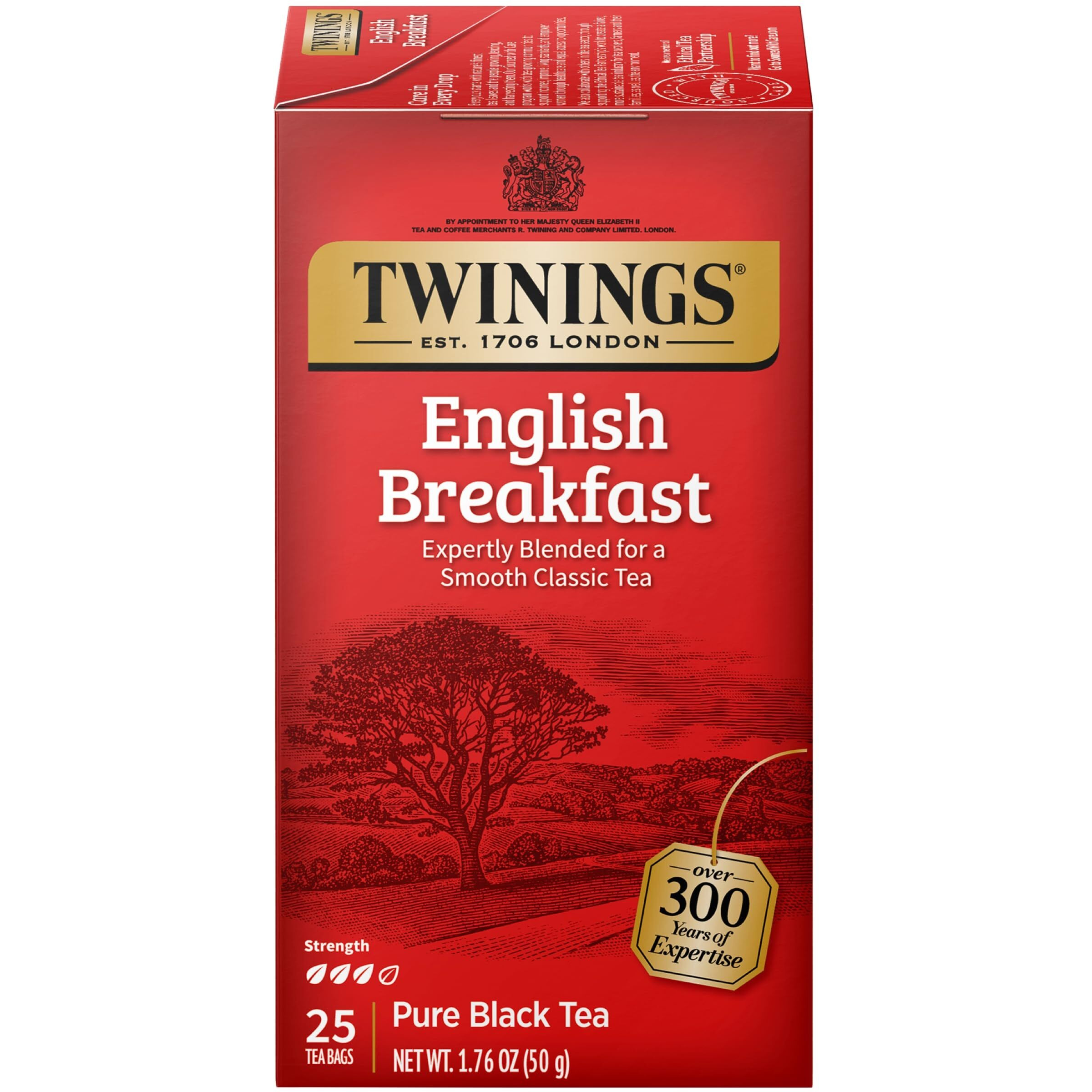 Twinings English Breakfast Individually Wrapped Tea Bags, 25 Count (Pack Of 6), Caffeinated, Flavourful, Robust Black Tea, Enjoy Hot Or Iced