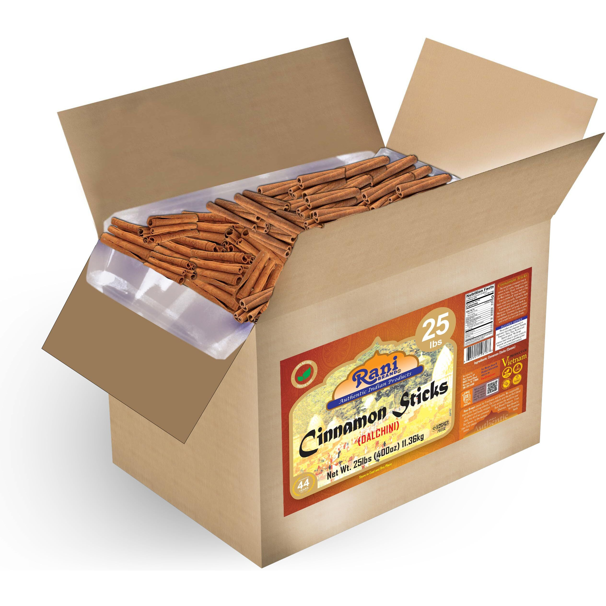 Rani Cinnamon Sticks 400Oz (25Lbs) 11.63Kg Bulk Box - 2300-2500 Sticks - Strong Aroma, Perfect For Baking, Cooking & Beverages | 3+ Inches Length - Cassia Saigon Cinnamon From Vietnam | Kosher