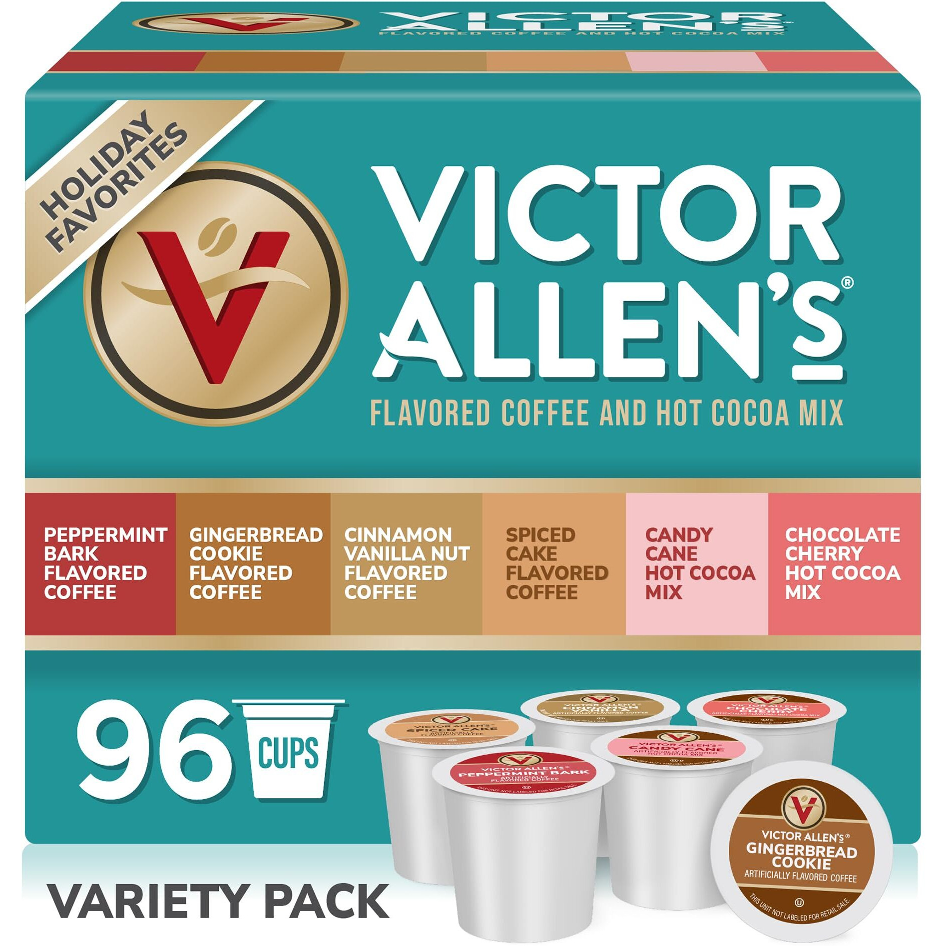 Victor Allen's Coffee Holiday Favorites Coffee & Hot Cocoa Variety Pack, 96 Count, Single Serve Cups & Coffee Pods For Keurig K-Cup Brewers
