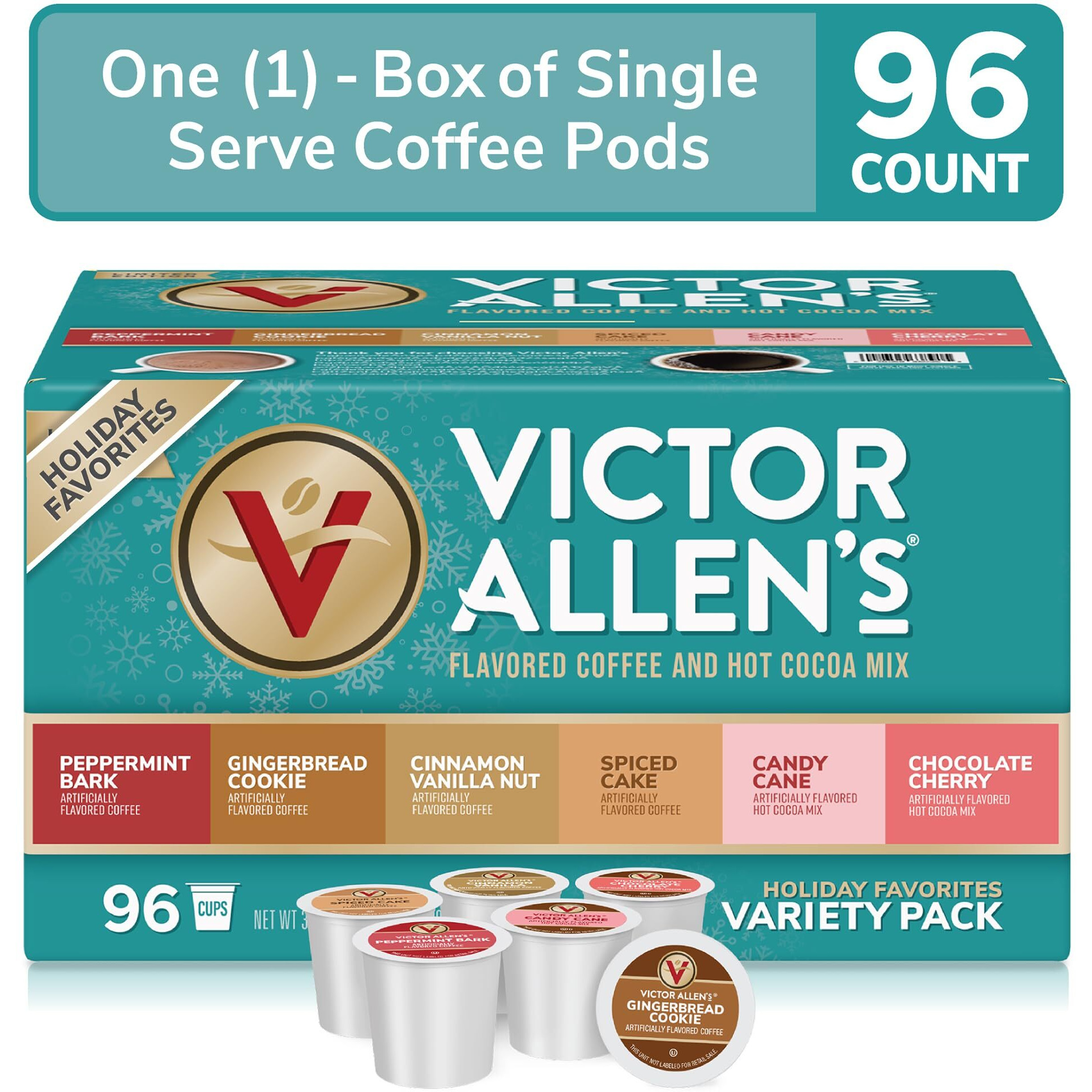 Victor Allen's Coffee Holiday Favorites Coffee & Hot Cocoa Variety Pack, 96 Count, Single Serve Cups & Coffee Pods For Keurig K-Cup Brewers