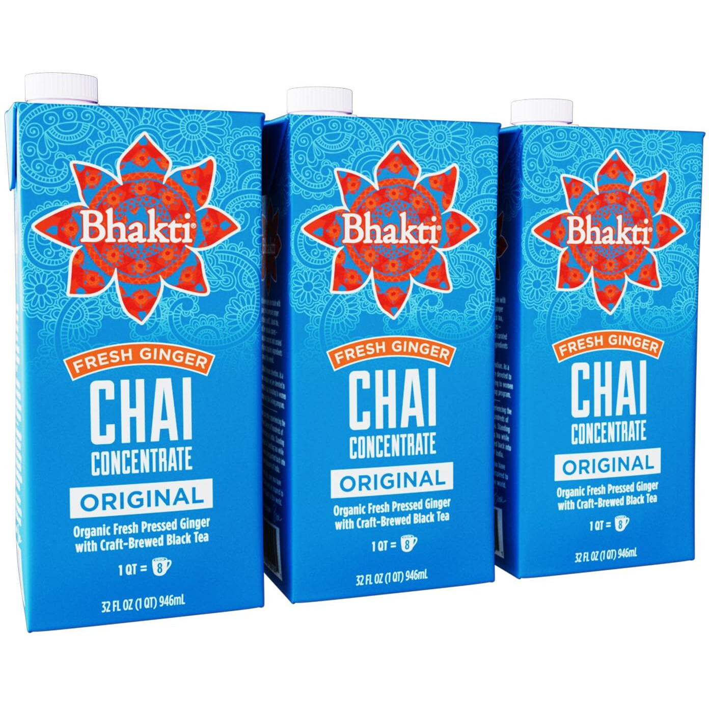 Bhakti Chai Ginger & Black Tea Concentrate | Organic, Vegan, Fair Trade, Kosher, Gluten-Free | Original, 32 Oz (Pack Of 3)