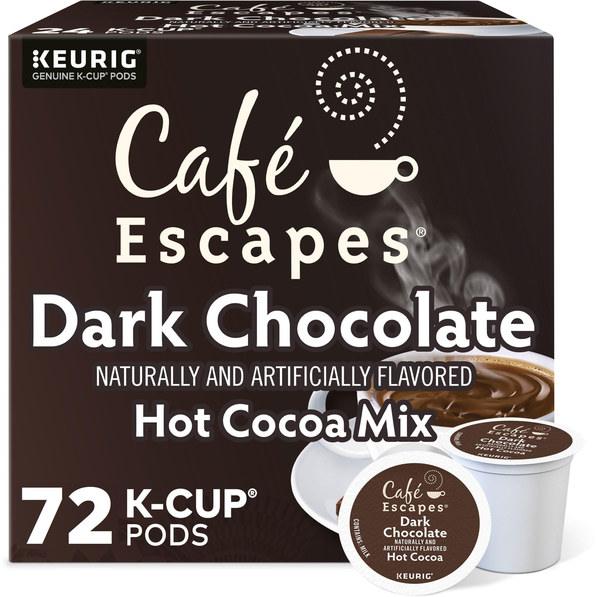 Cafe Escapes, Dark Chocolate Hot Cocoa, Single-Serve Keurig K-Cup Pods, 72 Count (3 Boxes Of 24 Pods)