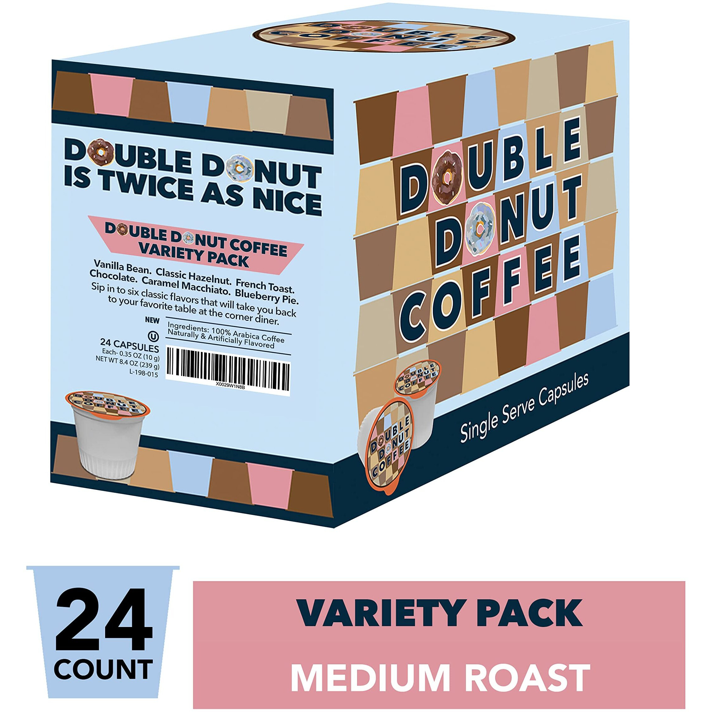 Double Donut Flavored Coffee Variety Pack, Flavored Coffee Pods, Including Hazelnut, Caramel, Chocolate Coffee & More, Single Serve Coffee For Keurig K Cups Machines, 24 Count