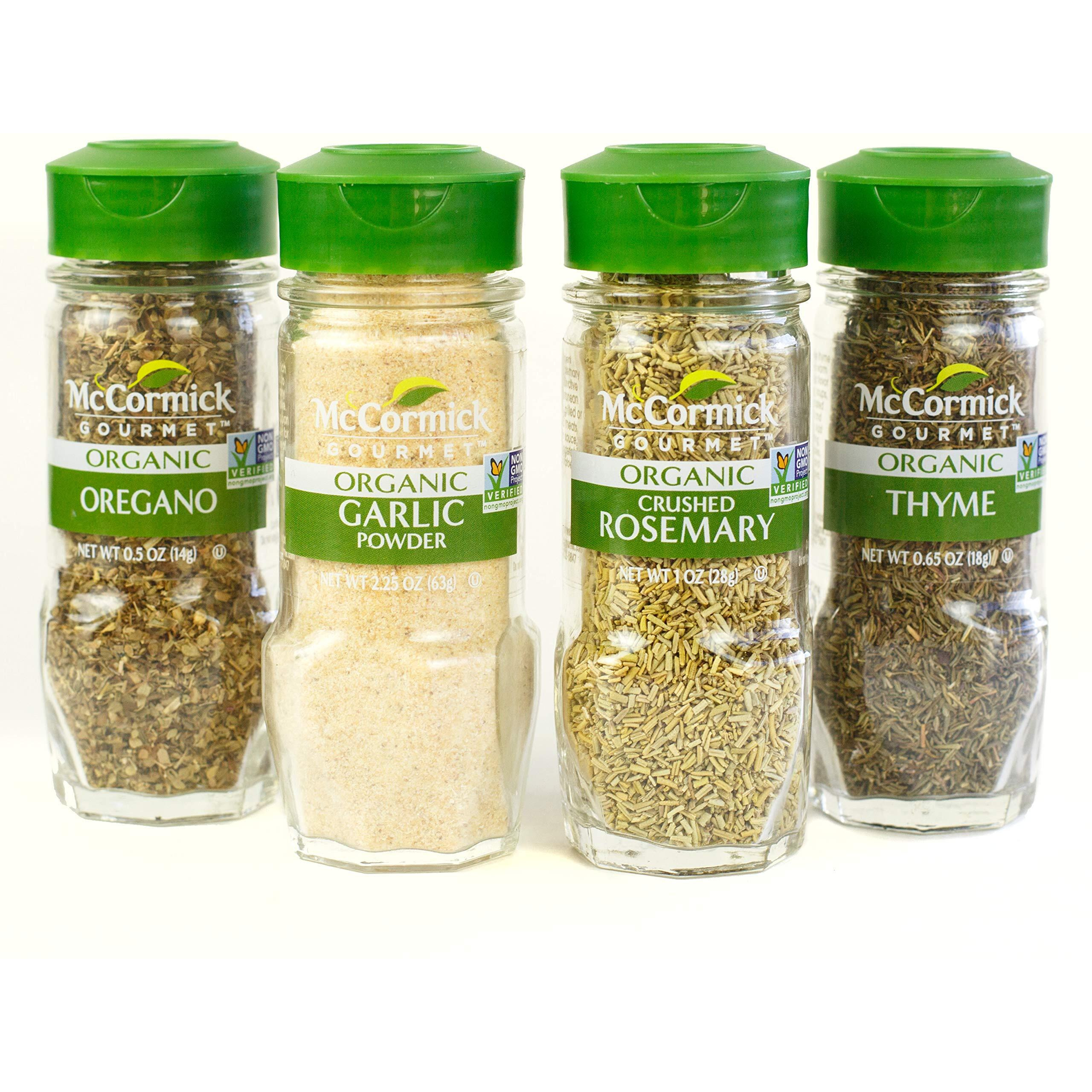 Mccormick Gourmet Organic Garlic & Herbs Everyday Basics Variety Pack (Oregano, Garlic Powder, Crushed Rosemary, Thyme), 0.05 Lb