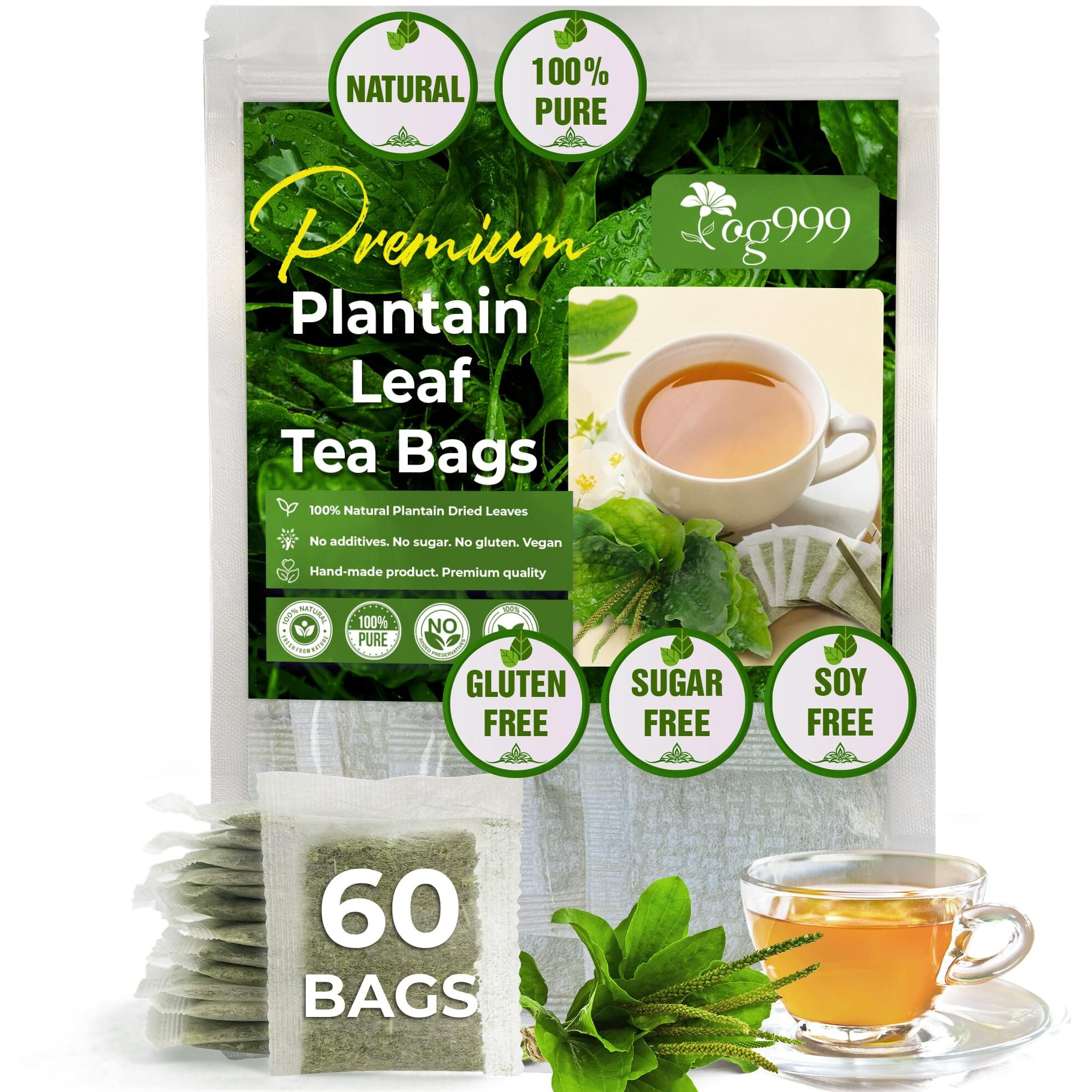 Tog999, Premium 60 Plantain Leaf Tea Bags, 100% Natural & Pure Plantain Leaves. Loose Leaf Plantain Herbal Tea. Plantain Leaf Tea. No Sugar, No Caffeine, No Gluten, Vegan.