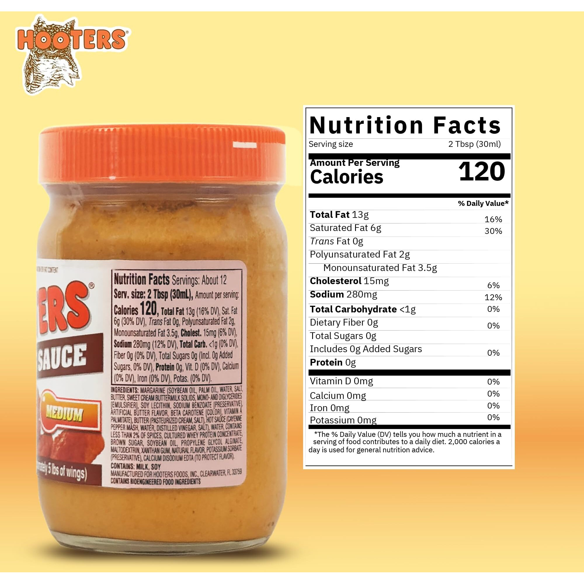 The Original Hooters Medium Wing Sauce - Versatile, Restaurant-Quality Flavor - Ideal For Chicken Wings, Ribs, And Seafood, Nutritionally Balanced, Convenient - 12 Oz