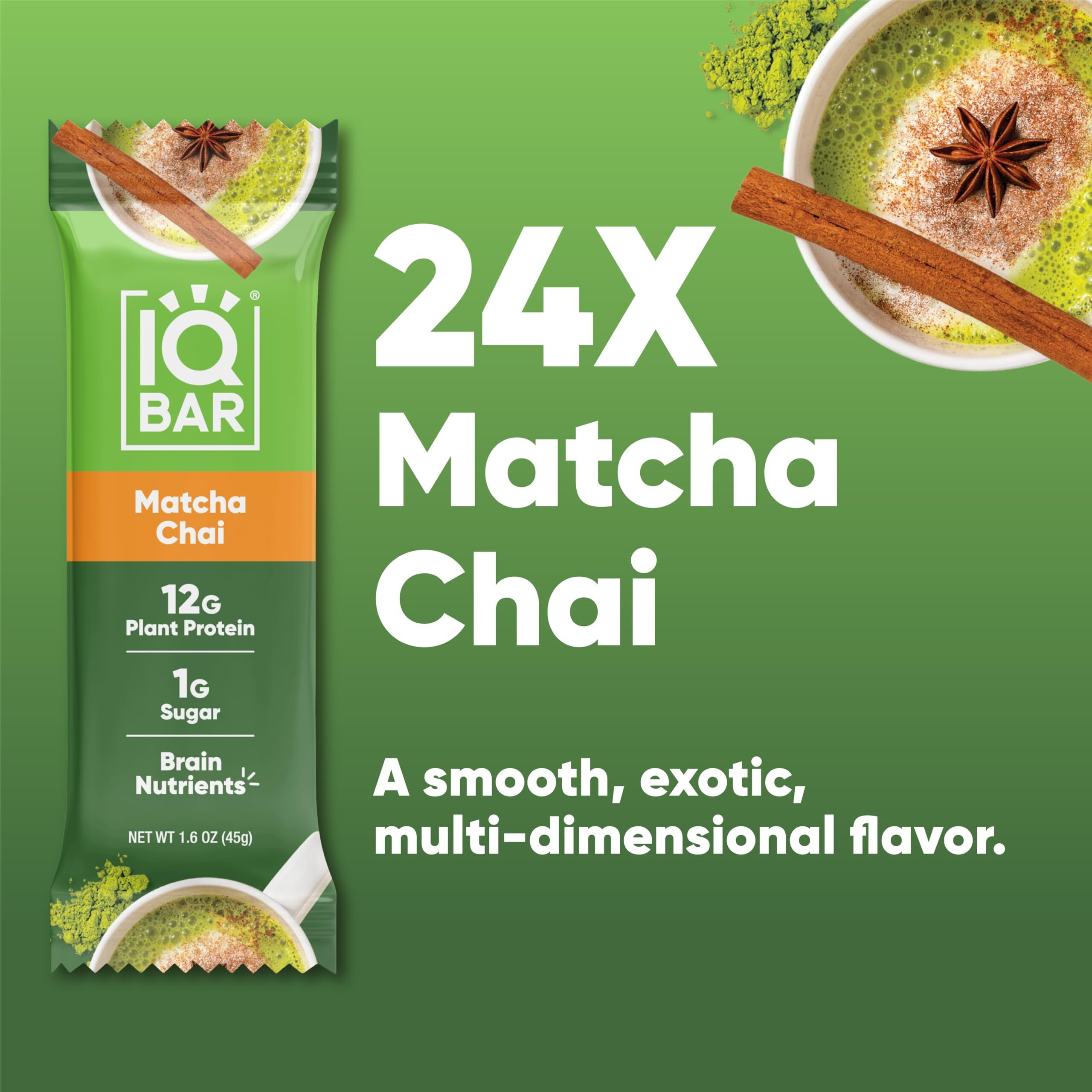 Iqbar Brain And Body Plant Protein Bars - Matcha Chai - 24 Count, Low Carb, High Fiber, Gluten Free, Healthy Vegan Snacks - Low Sugar Keto Bar Pack