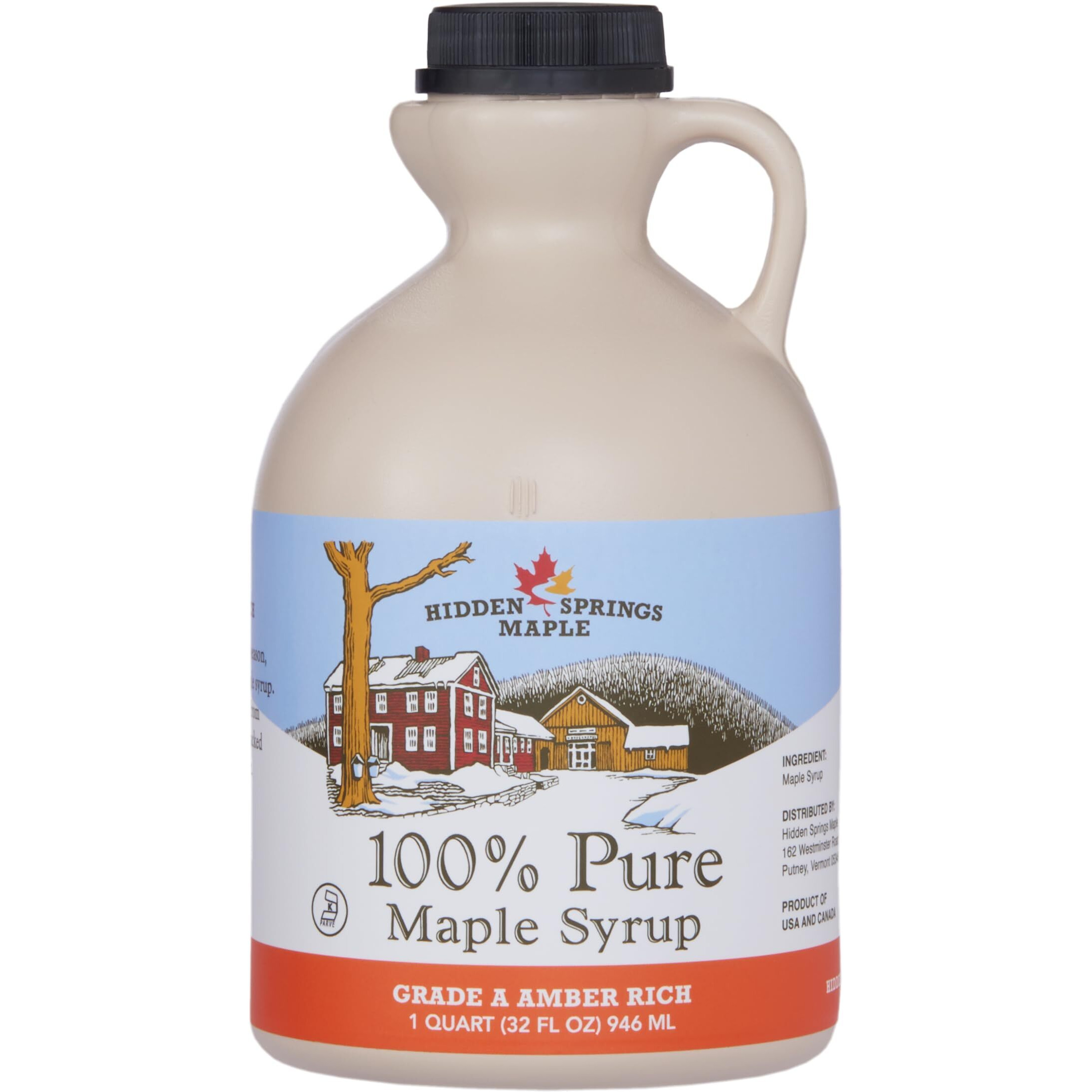 Hidden Springs Maple Amber Rich Quart 100% Pure Maple Syrup Usa/Can, Bpa-Free Jug