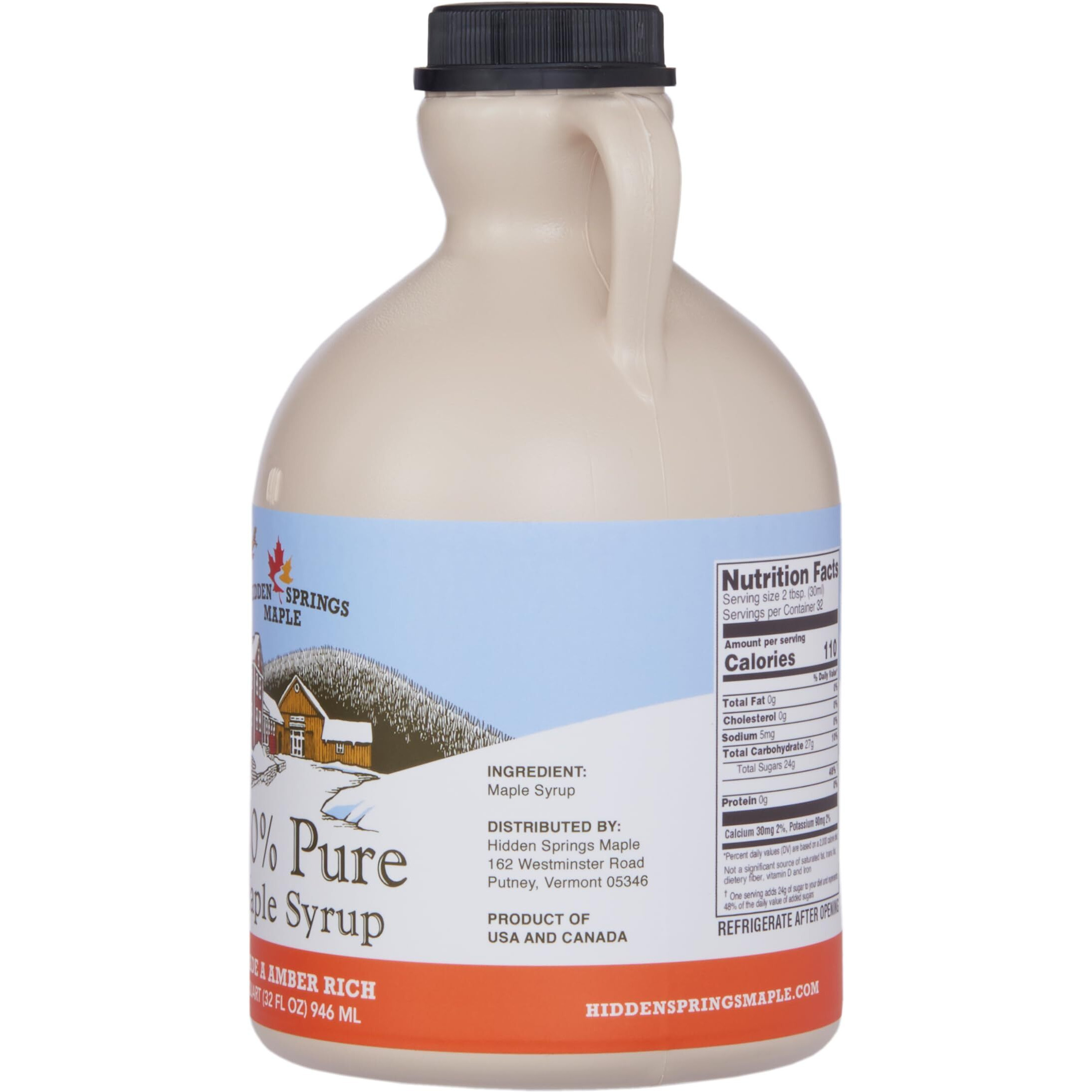Hidden Springs Maple Amber Rich Quart 100% Pure Maple Syrup Usa/Can, Bpa-Free Jug