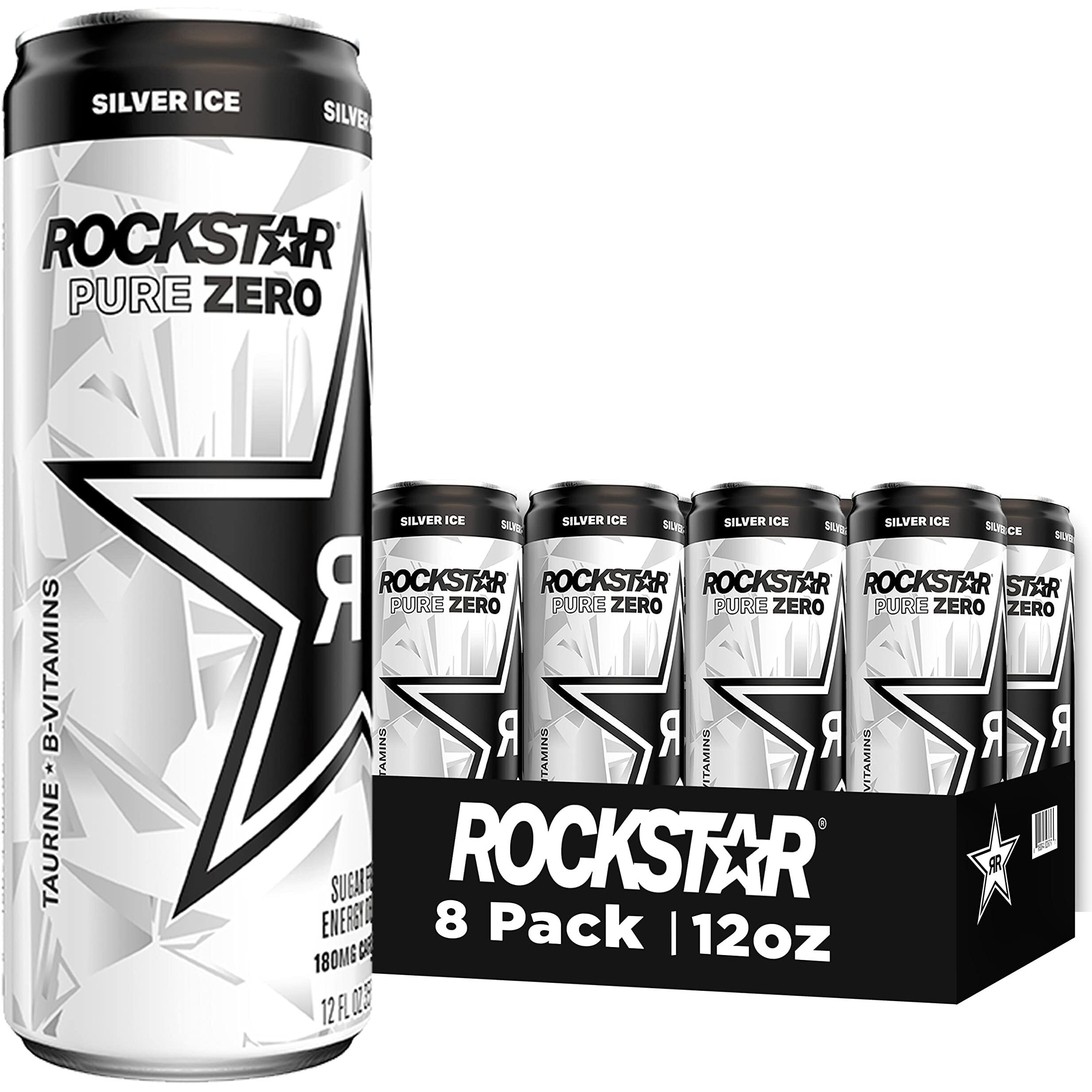 Rockstar Energy Drink, Pure Zero Silver Ice, 12Oz Sleek Cans (Pack Of 8)