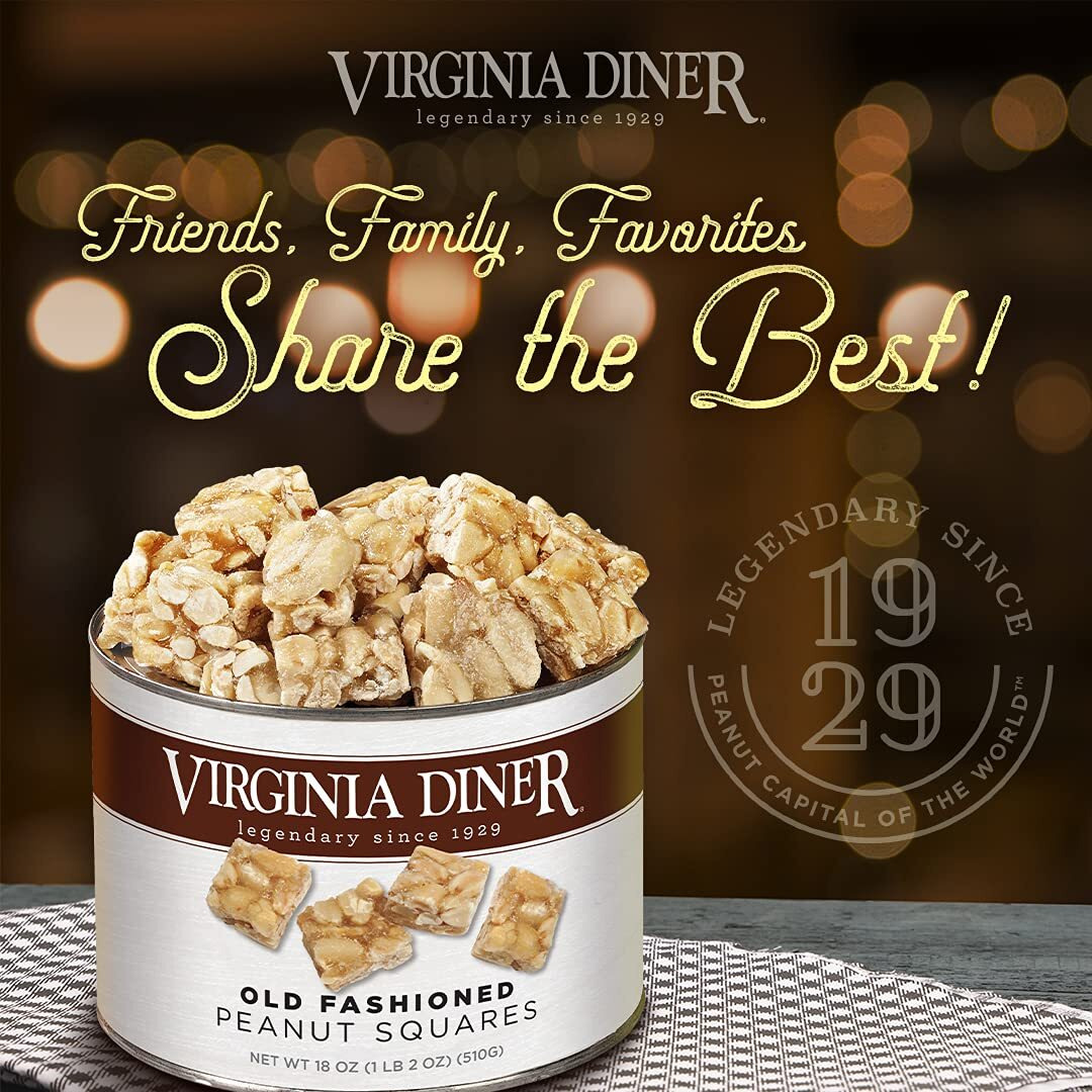 Virginia Diner - Gourmet Old Fashioned Peanut Squares 18Oz Can Of Peanut Candy With Virginia Peanuts For Snacking Sharing Or Gifting