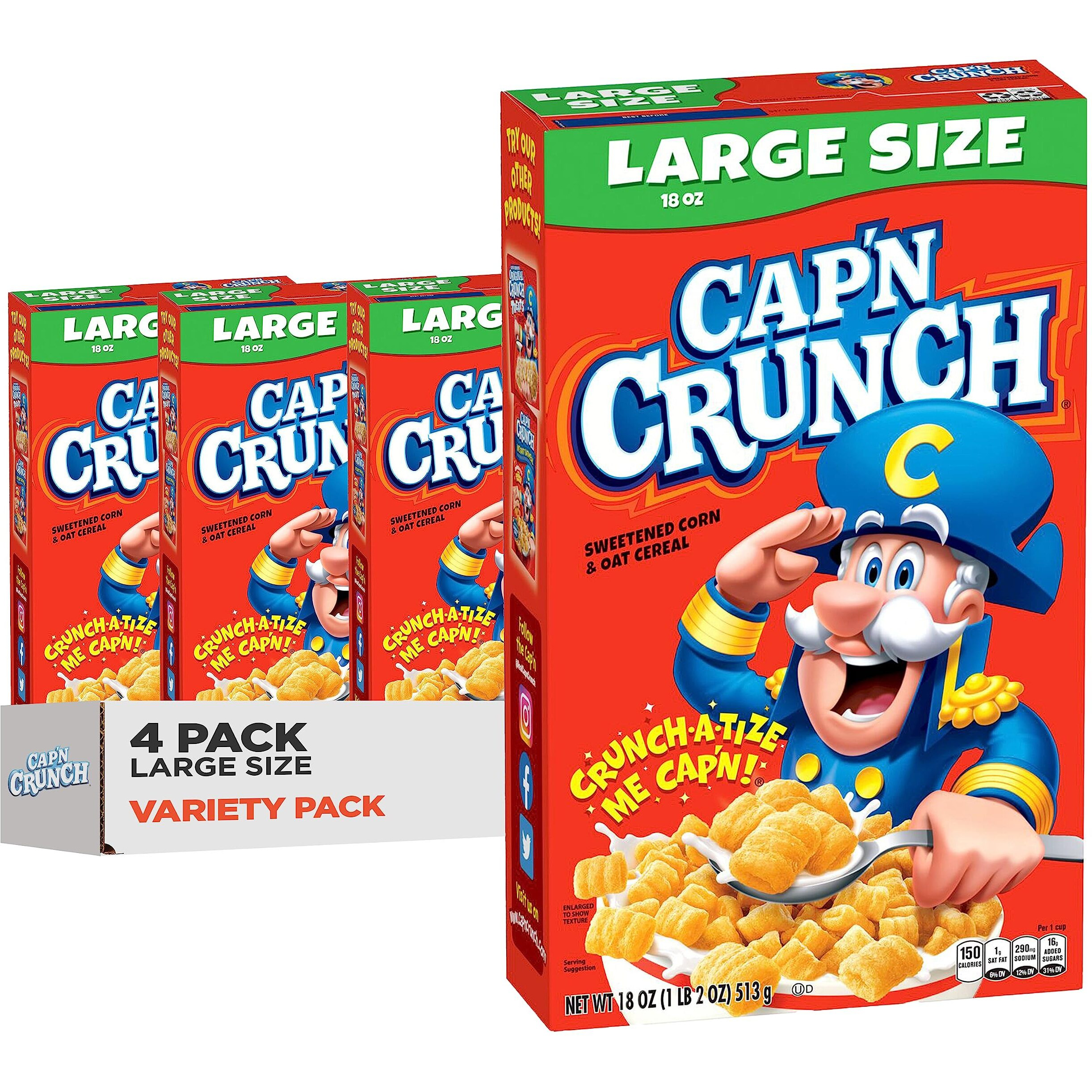 Capn Crunch Cereal, Original, Boxes, 18 Oz, Pack Of 4