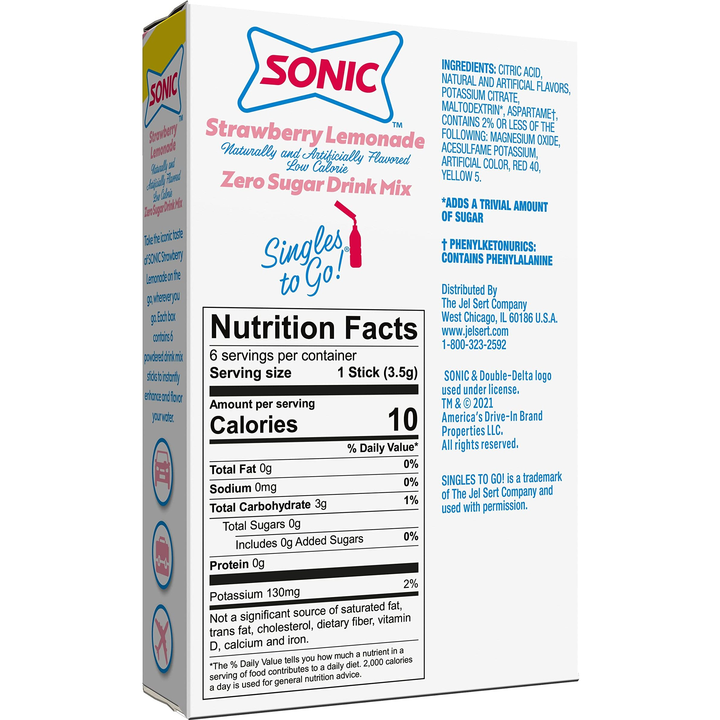 Sonic Singles To Go Powdered Drink Mix, Strawberry Lemonade, 6 Sticks Per Box, 12 Boxes (72 Sticks Total)