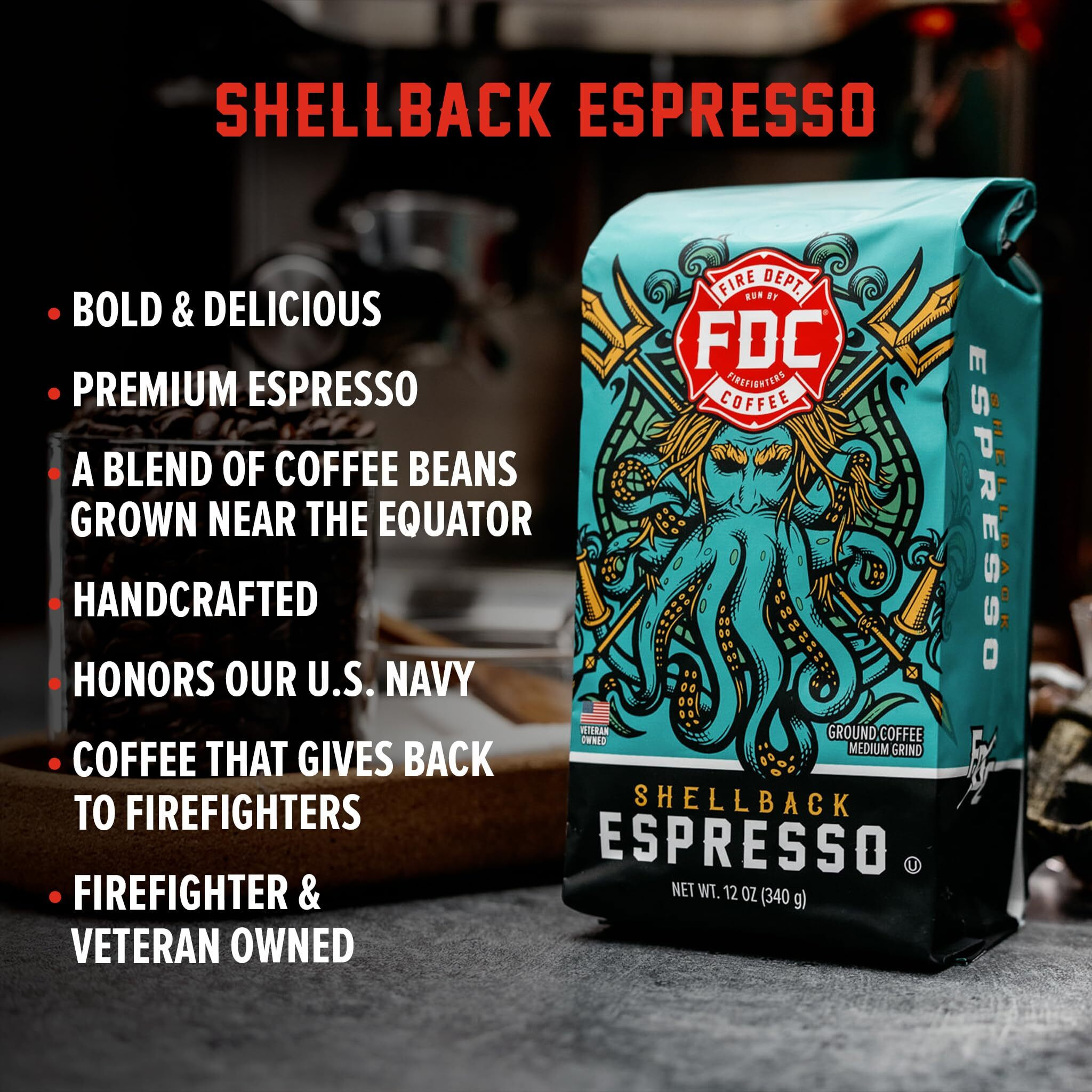 Fire Department Coffee - Gives Back To Firefighters - Bold & Smooth Shellback Espresso Ground Coffee - Roasted In The Usa - Handcrafted With Premium Coffee Beans - Veteran Owned - 12 Oz