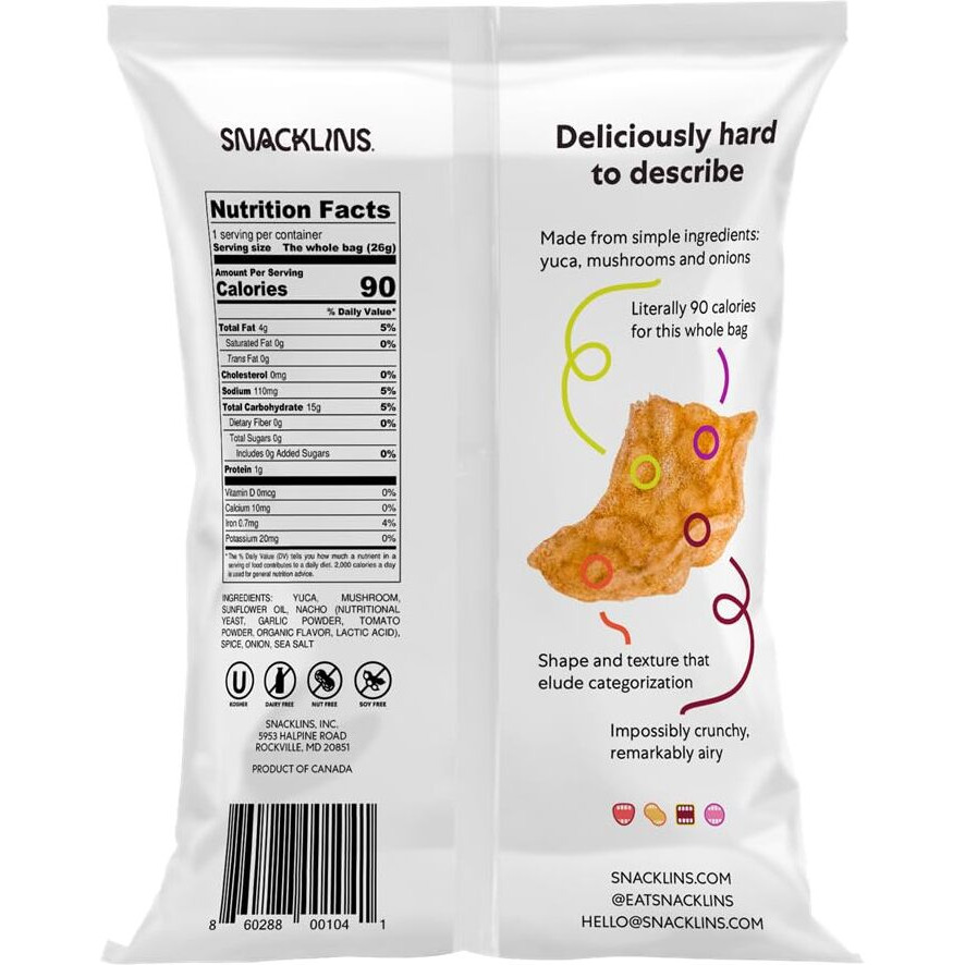 Snacklins Plant Based Crisps Nacho - Gluten Free, Grain Free, 100% Kosher, Vegan Healthy Snacks, Crunchy Puffed Snack, Just 90 Calories Per Bag - .9Oz Bag (Case Of 12)