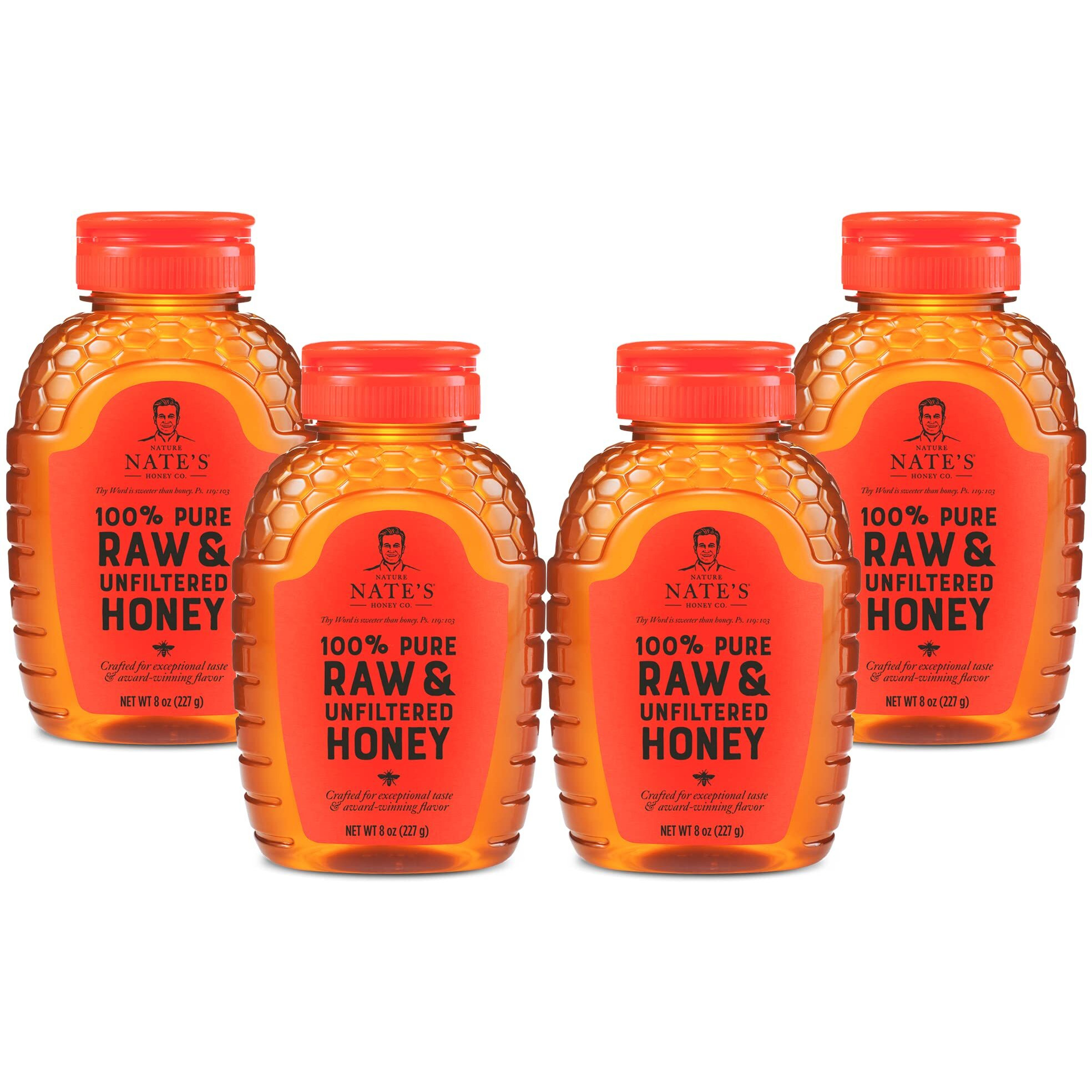 Nate's 100% Pure, Raw & Unfiltered Honey, Award-Winning Taste - 8 Oz Squeeze Bottle (4 Pack)