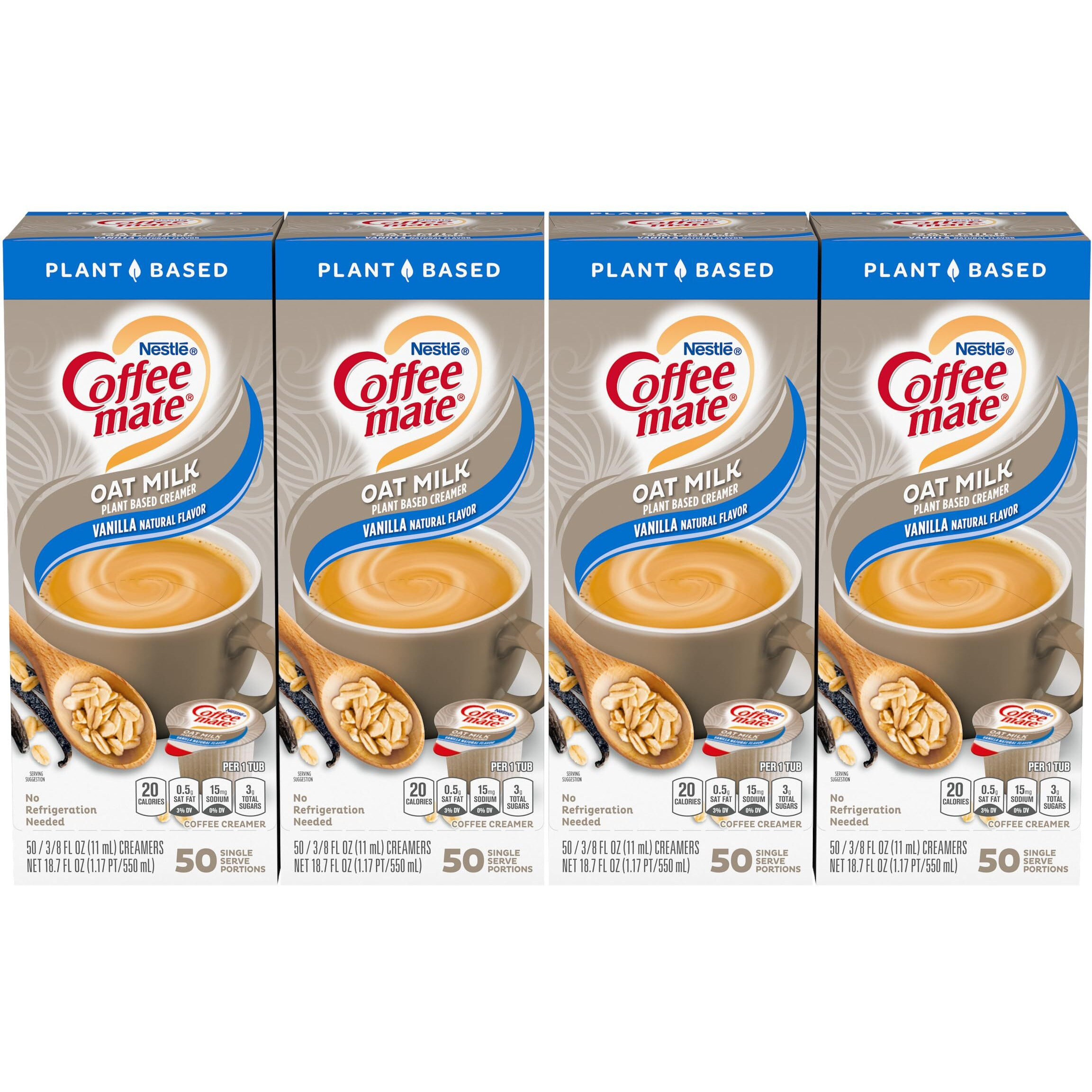 Nestle Coffee Mate Coffee Creamer, Oat Milk, Vanilla Natural Flavor, Liquid Creamer Singles, Plant-Based, Non Dairy, No Refrigeration, 0.375 Fl Oz Tubs (Pack Of 200)