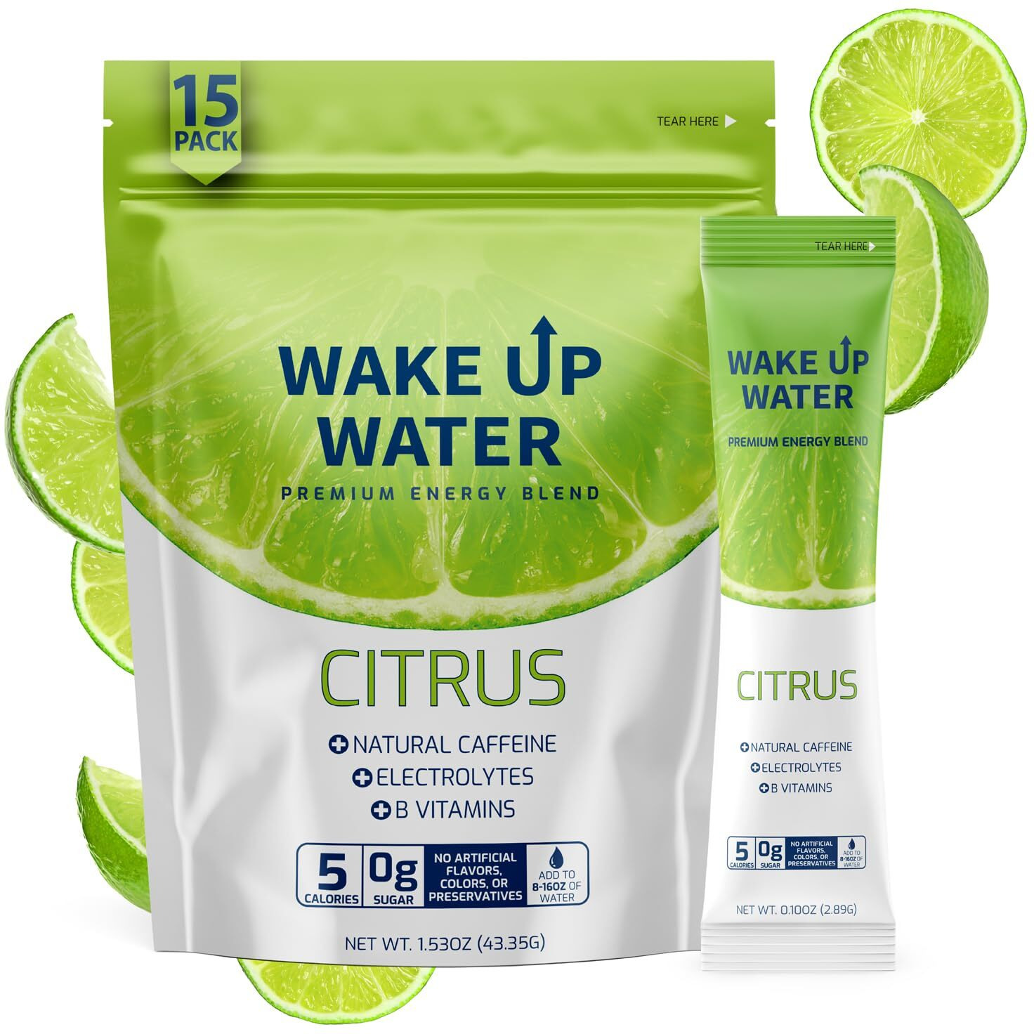Wake Up Water - Energy + Hydration Packets (15 Pack), Mango Flavor - Electrolytes Powder Drink Mix W/Natural Caffeine & Electrolytes - .10 Oz (2.9G)