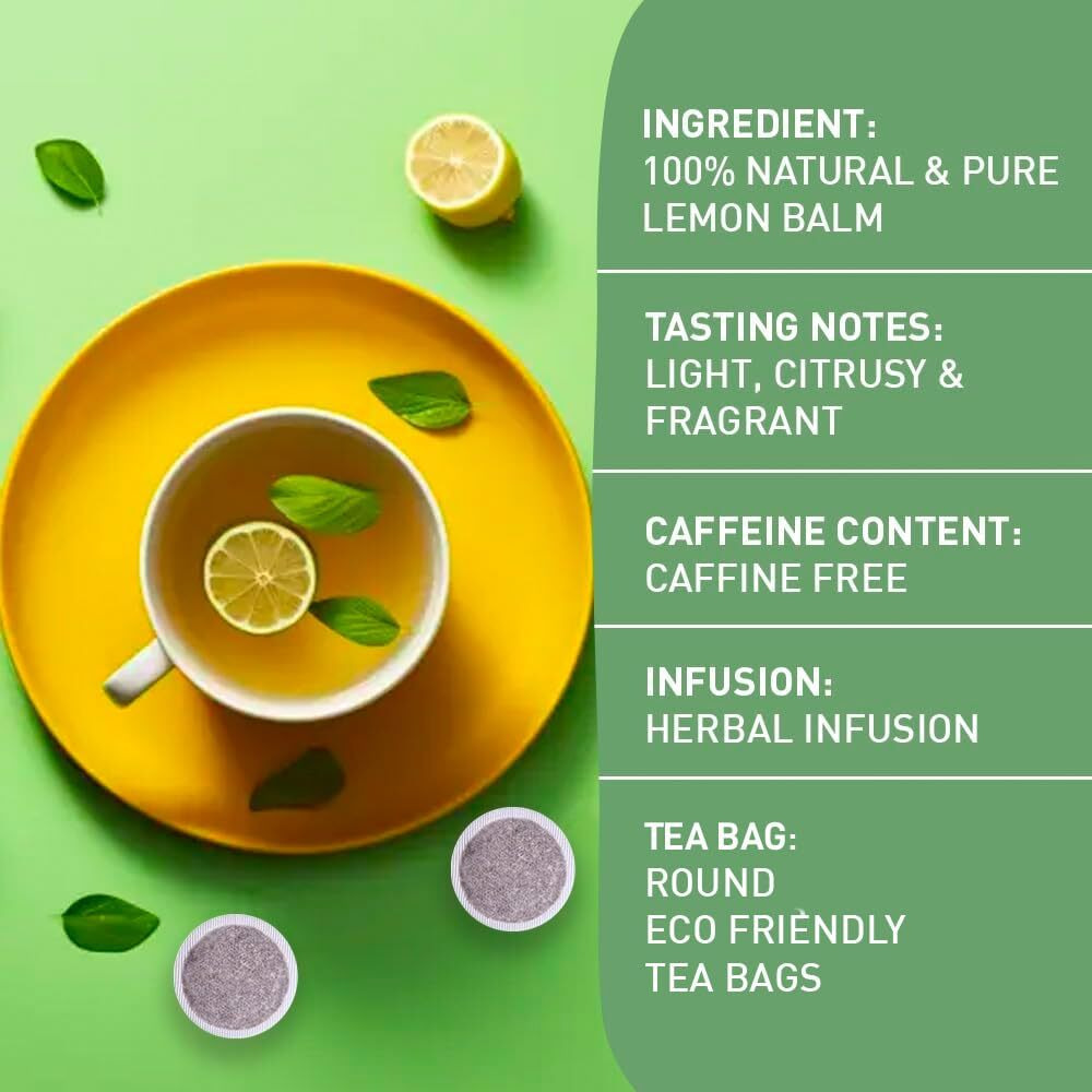 Handpick, Lemon Balm Tea Bags (100 Herbal Tea Bags) Melissa Tea - Caffeine-Free, Citrus Flavor & Aroma | Pure Ingredients - Lemon Balm Leaves | Brew Pure Lemon Balm Tea