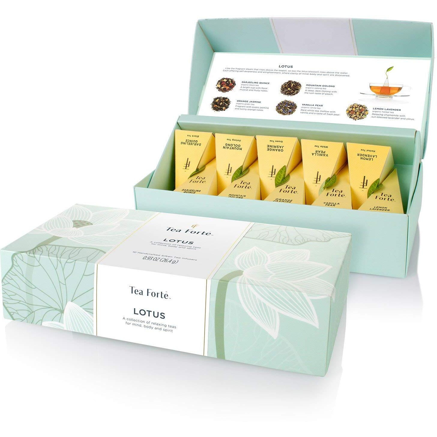Tea Forte Lotus Relaxing Organic Tea, Petite Presentation Box, Sampler Gift Set With Handcrafted Pyramid Infuser, 10 Count (Pack Of 1)