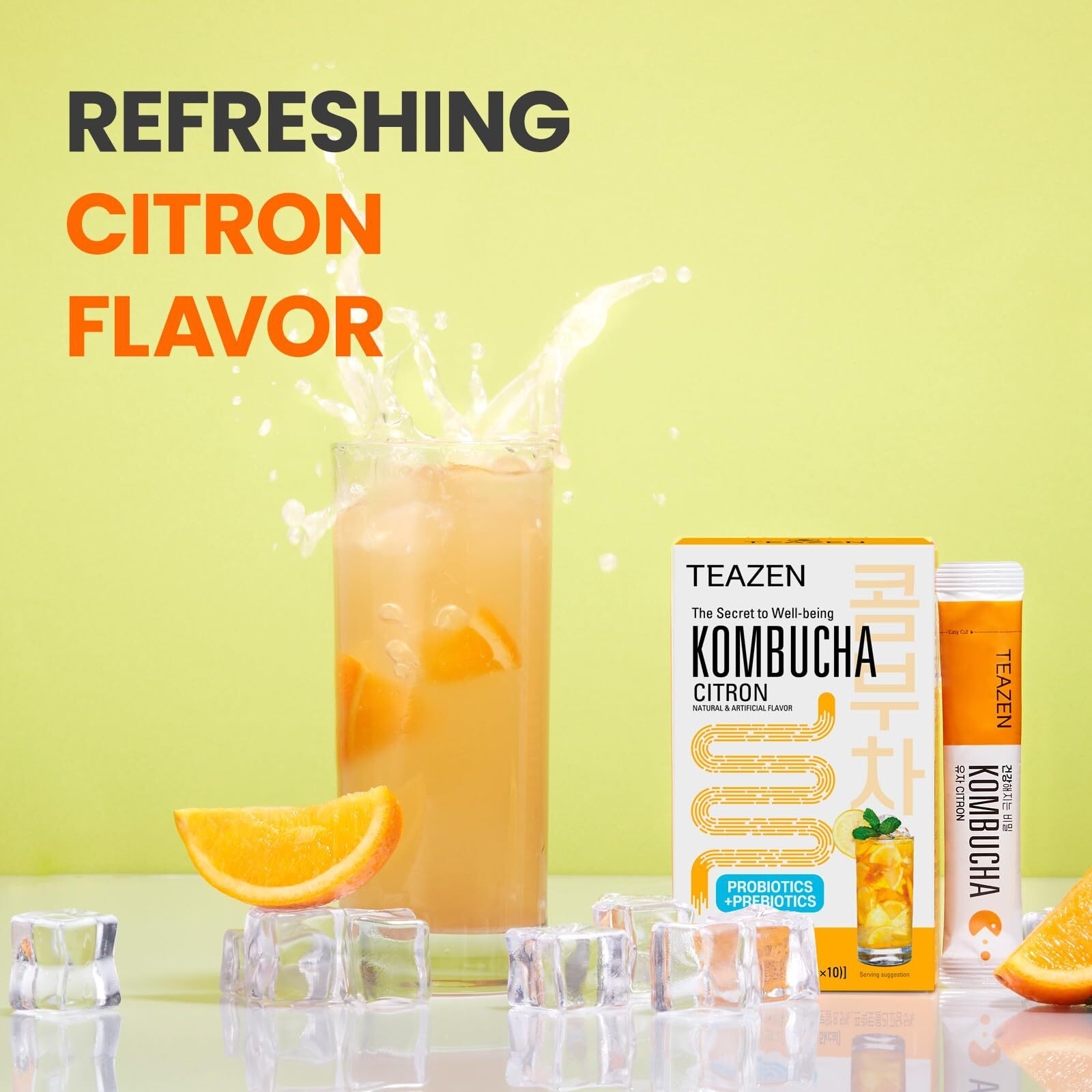 Teazen Citron Kombucha Tea, Hydration Drink Mix, Sugar Free, Live Probiotics & Prebiotics, 10 Sticks, 1.76Oz