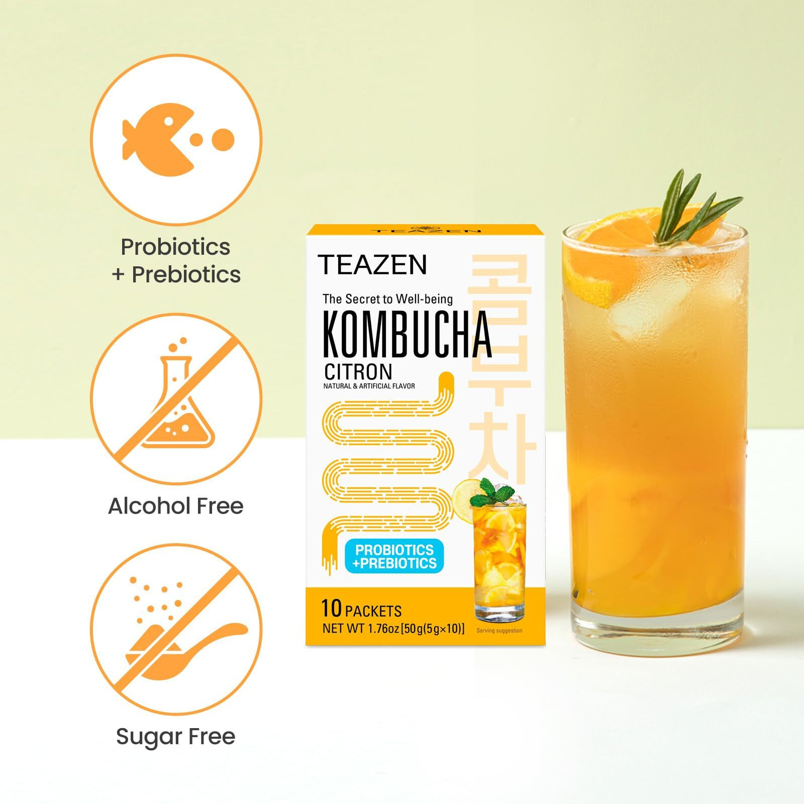 Teazen Citron Kombucha Tea, Hydration Drink Mix, Sugar Free, Live Probiotics & Prebiotics, 10 Sticks, 1.76Oz