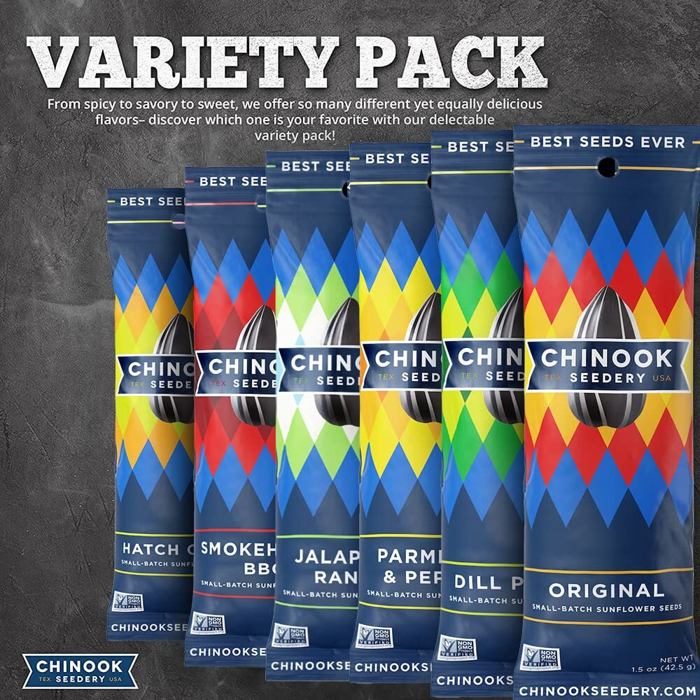 Chinook Seedery Roasted Jumbo Sunflower Seeds - 8 Flavor Sampler Pack - 1.5 Ounce (Pack Of 8) Flavored Seeds Keto Snacks - Best For Snack Packs - Gluten Free, Non Gmo Snack Food Gifts
