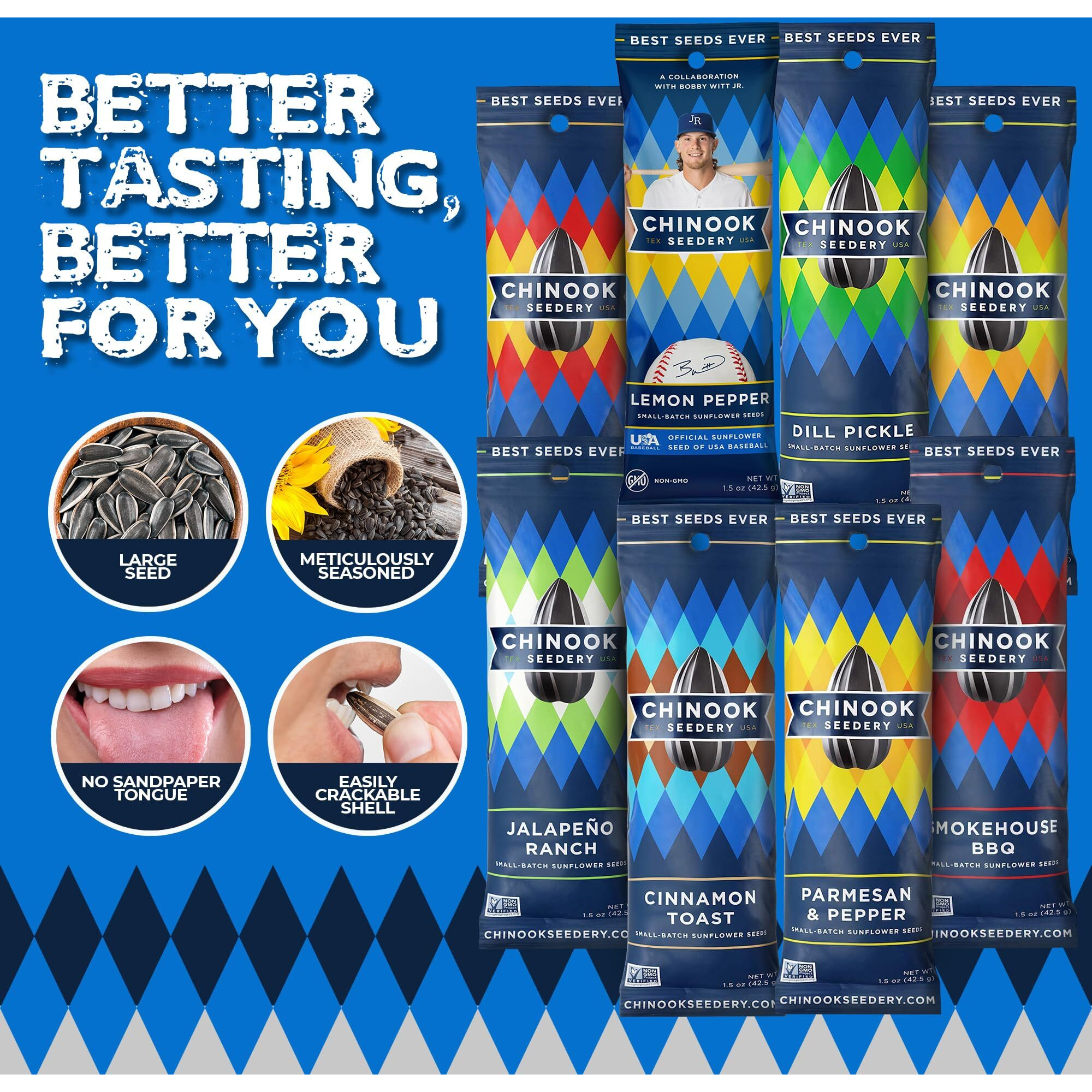 Chinook Seedery Roasted Jumbo Sunflower Seeds - 8 Flavor Sampler Pack - 1.5 Ounce (Pack Of 8) Flavored Seeds Keto Snacks - Best For Snack Packs - Gluten Free, Non Gmo Snack Food Gifts