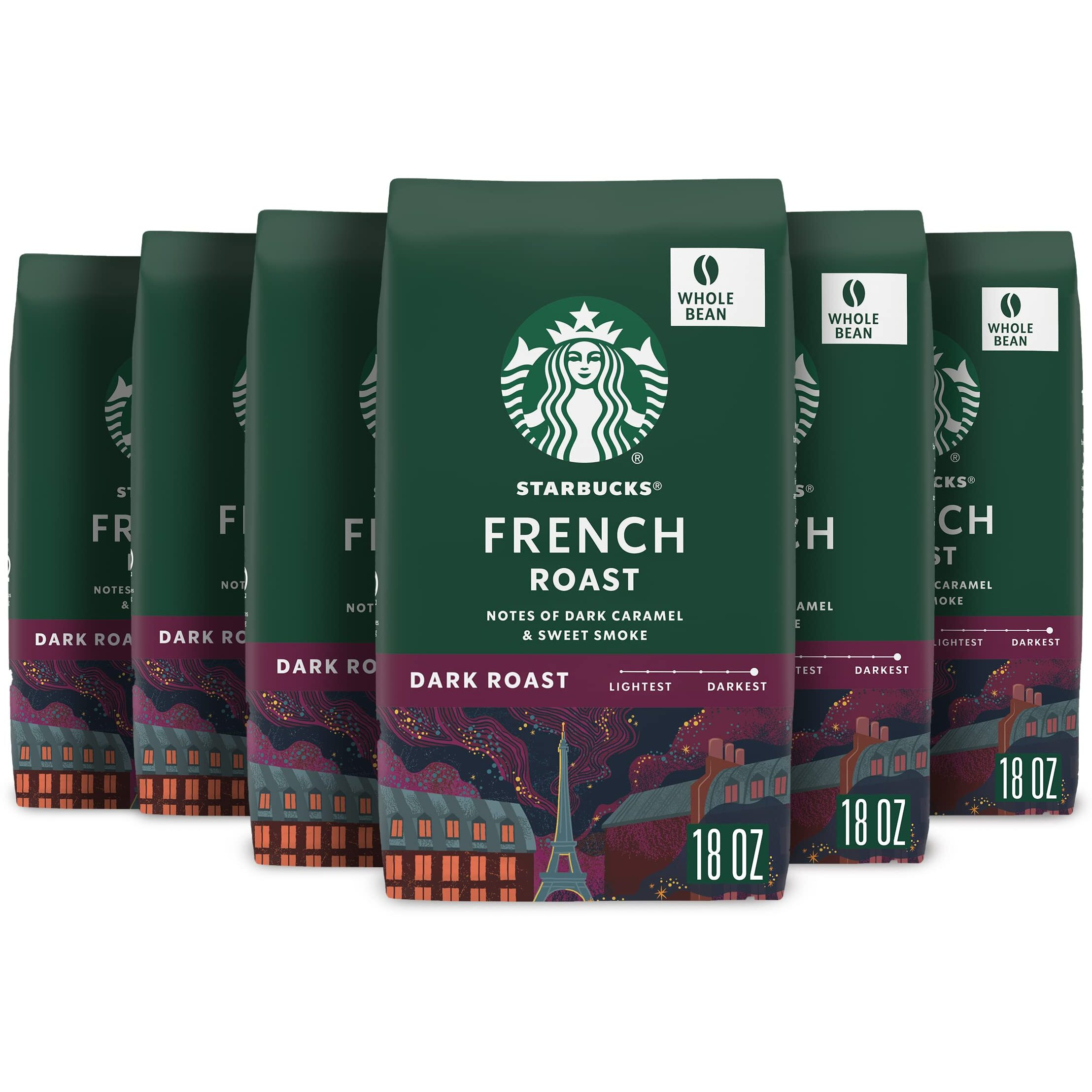 Starbucks Whole Bean Coffee, Dark Roast Coffee, French Roast, 100% Arabica, 6 Bags (18 Oz Each)