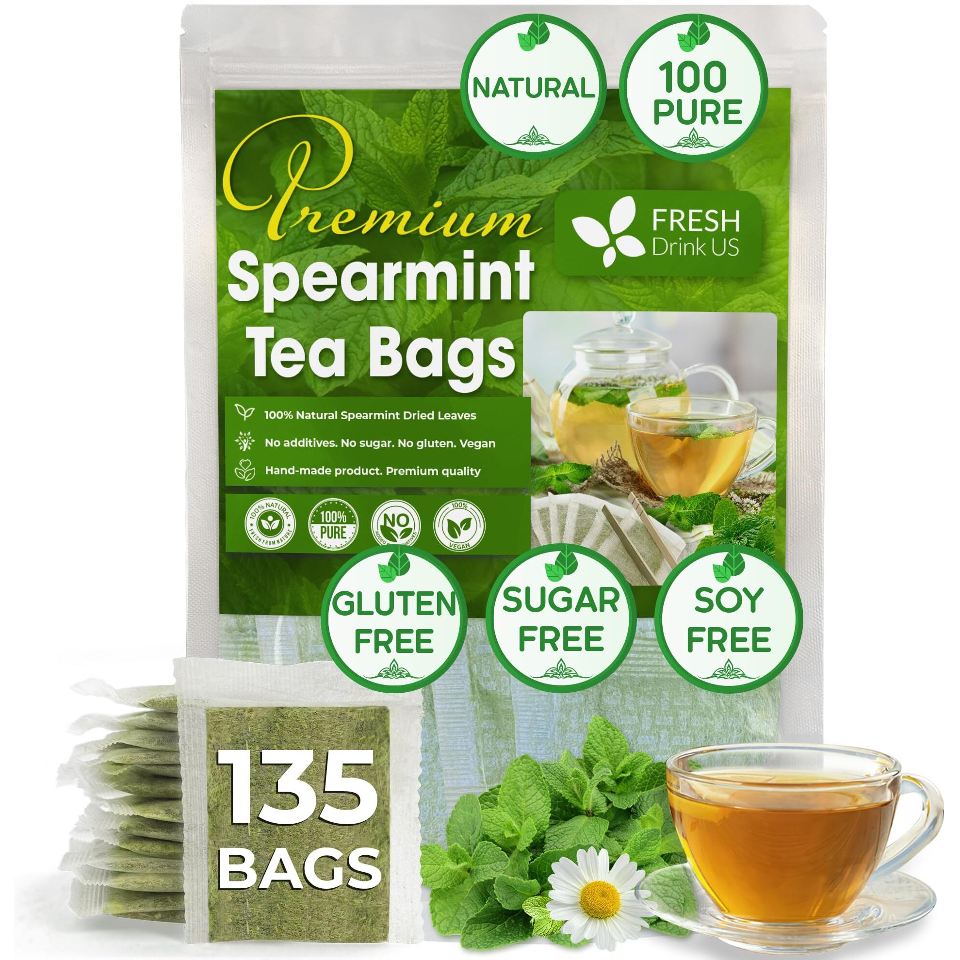 Freshdrinkus, Premium 135 Spearmint Tea Bags, 100% Natural & Pure Spearmint Leaves. Loose Leaf Spearmint Herbal Tea. Spearmint Leaf Tea. No Sugar, No Caffeine, No Gluten, Vegan.