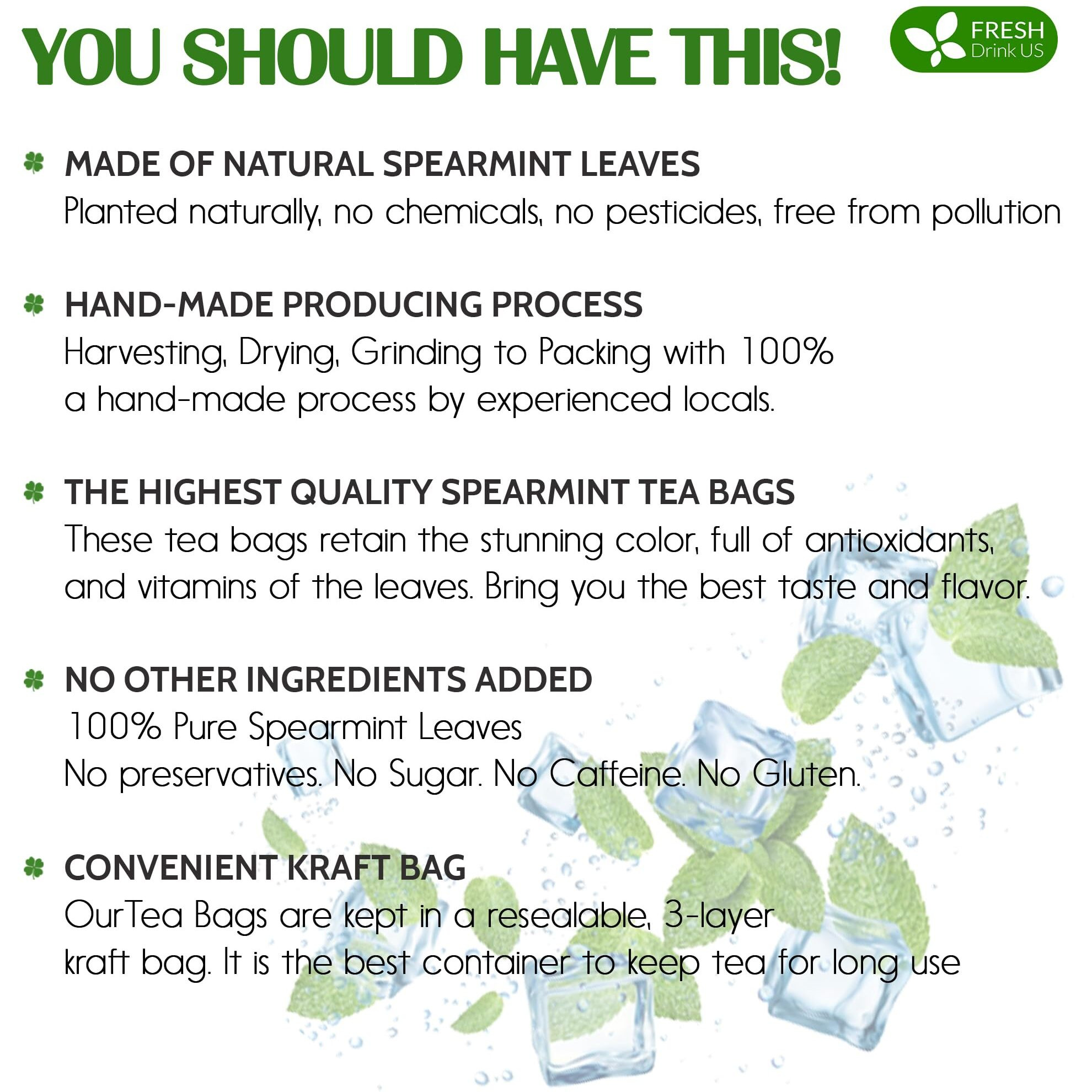 Freshdrinkus, Premium 135 Spearmint Tea Bags, 100% Natural & Pure Spearmint Leaves. Loose Leaf Spearmint Herbal Tea. Spearmint Leaf Tea. No Sugar, No Caffeine, No Gluten, Vegan.