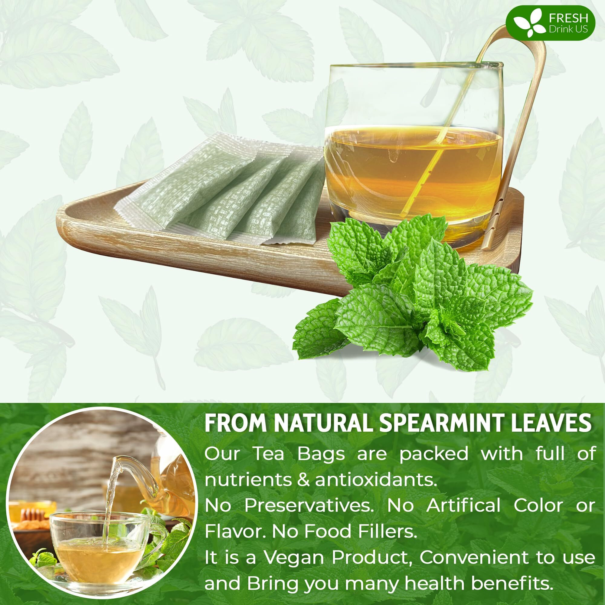 Freshdrinkus, Premium 135 Spearmint Tea Bags, 100% Natural & Pure Spearmint Leaves. Loose Leaf Spearmint Herbal Tea. Spearmint Leaf Tea. No Sugar, No Caffeine, No Gluten, Vegan.