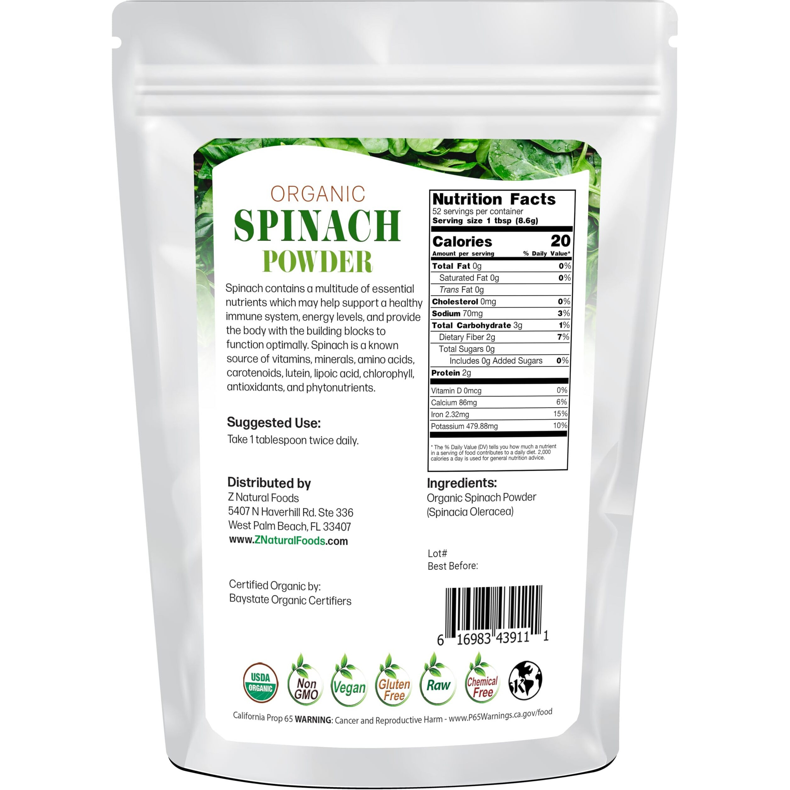 Z Natural Foods Organic Spinach Powder 1Lb - Green Superfood Powder For Juice, Smoothies, Soups, Baked Dishes, And Recipes, Nutrient-Rich Powder, 100% Pure, Raw, Non-Gmo, Vegan, Gluten-Free