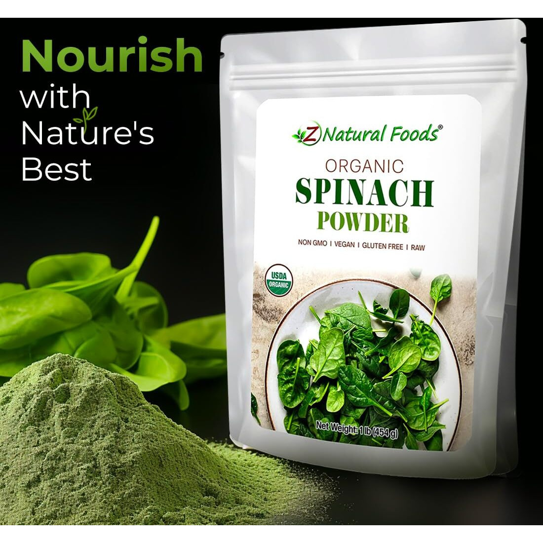 Z Natural Foods Organic Spinach Powder 1Lb - Green Superfood Powder For Juice, Smoothies, Soups, Baked Dishes, And Recipes, Nutrient-Rich Powder, 100% Pure, Raw, Non-Gmo, Vegan, Gluten-Free