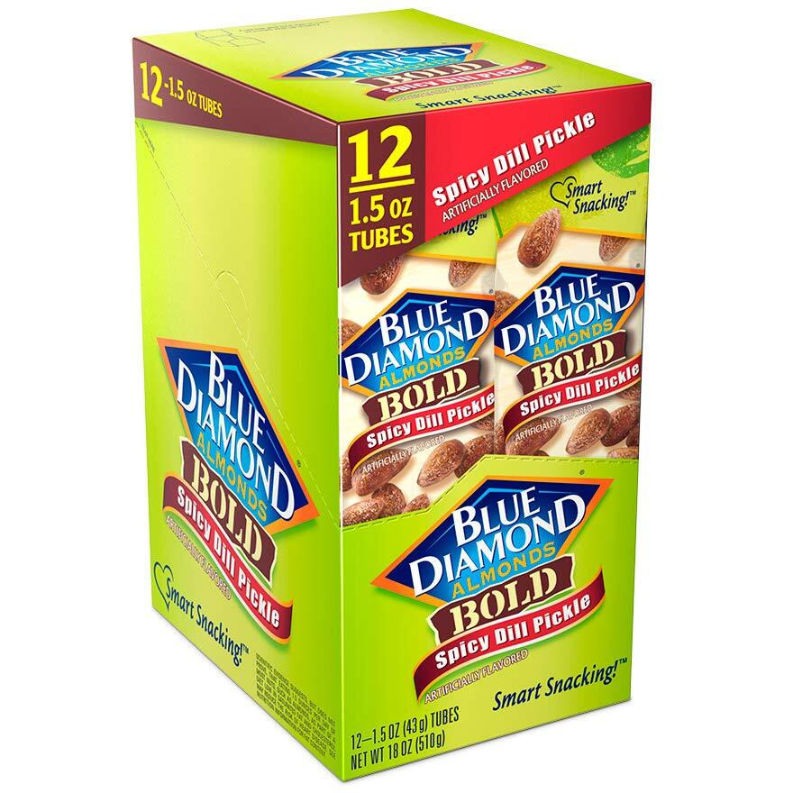 Blue Diamond Almonds, Bold Spicy Dill Pickle Flavored Snack Nuts, Single Serve Bags (1.5 Oz. Tubes, Pack Of 12)