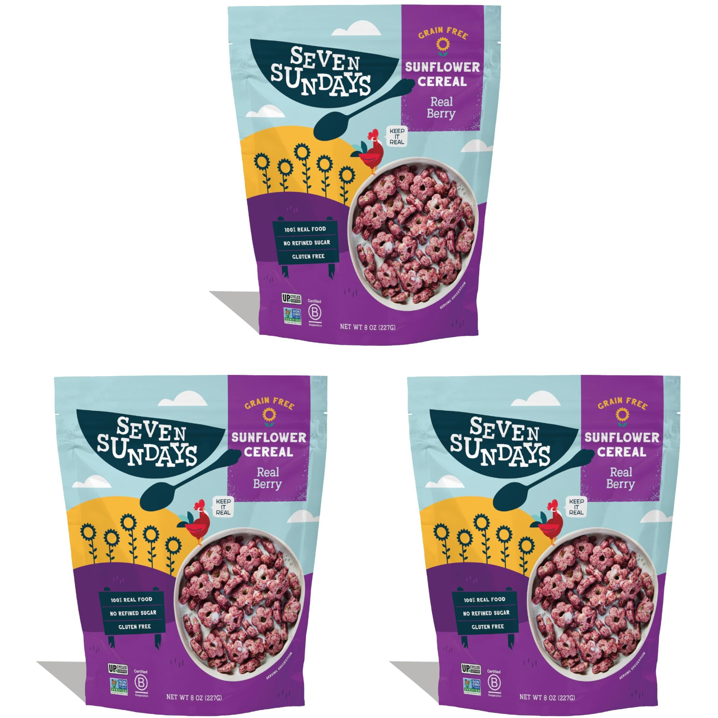 Seven Sundays Sunflower Cereal, Real Berry, 8 Oz Bag (Pack Of 3), Grain & Gluten Free, 5G Upcycled Protein, 0G Refined Sugar, Crunchy Fruity Snack